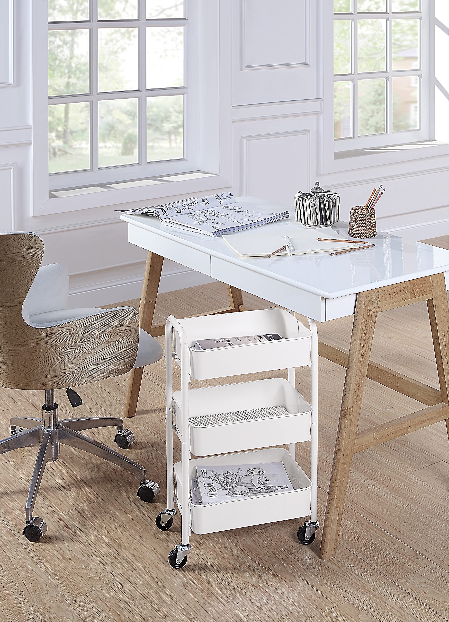 SunnyPoint 3-Tier Delicate Compact Rolling Metal Storage Organizer - Mobile Utility Cart Kitchen/Under Desk Cart with Caster Wheels - Army (15.35" X 10.24" X 26.8"H)