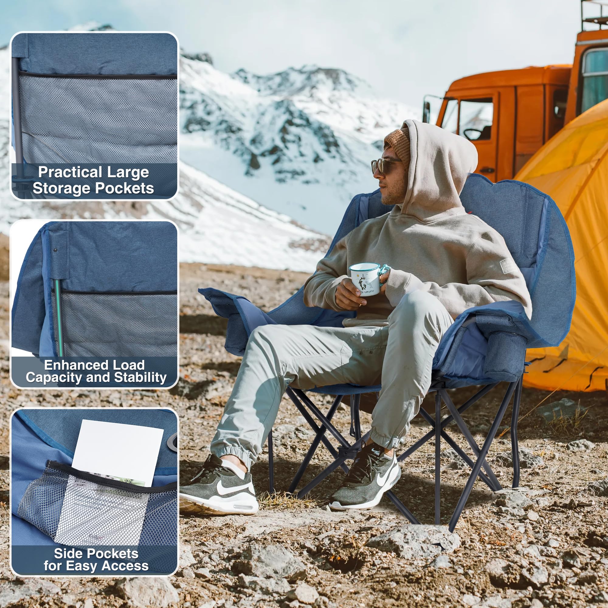 Double Camping Chair Heavy Duty Oversized Padded Loveseat for Adults 2 Person Outdoor Portable Camping Chairs for Lawn, Backyard, Fishing, Trip, Support 600lbs, Grey