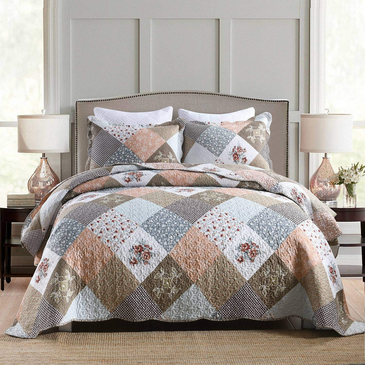 HoneiLife Quilt Sets Twin Size - 2 Piece Microfiber Quilts Reversible Bedspreads Patchwork Coverlets Floral Bedding Set All Season Quilts with Blue and White Porcelain Pattern