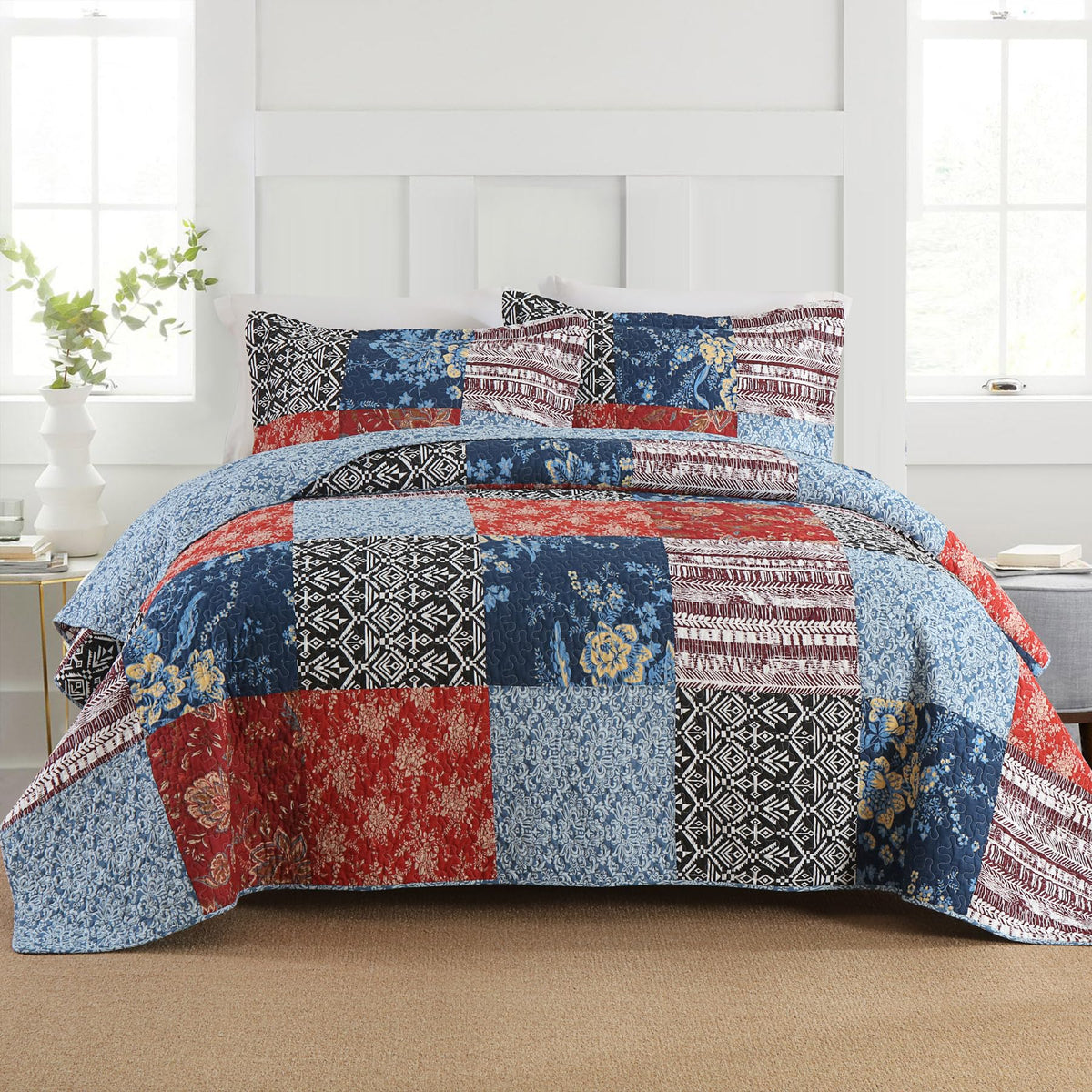 Secgo Twin Comforter Set for Bed - 100% Cotton Quilts Twin Size, Black Bedspreads with 2 Pillow Shams, Patchwork Reversible Lightweight Bedding