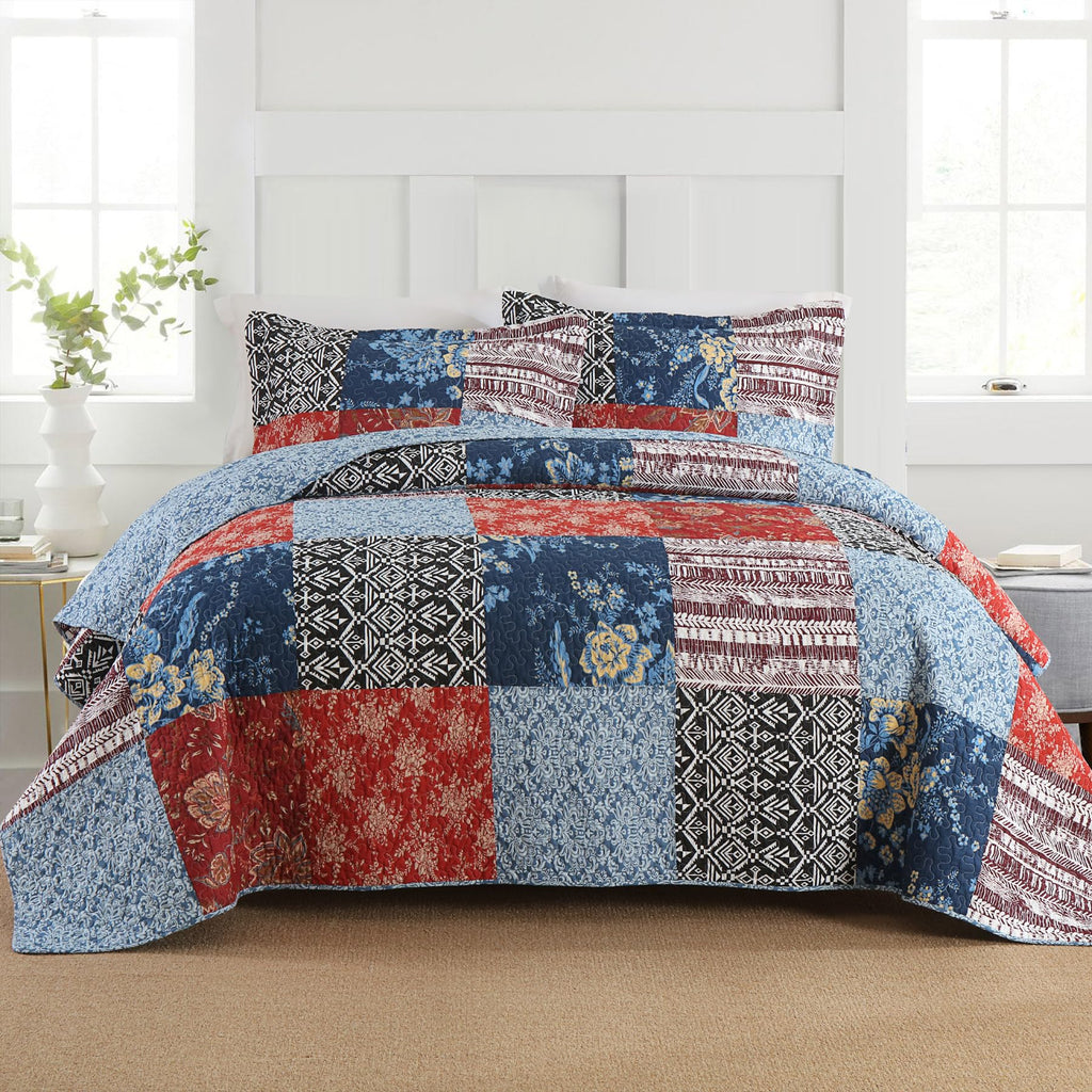Secgo Twin Comforter Set for Bed - 100% Cotton Quilts Twin Size, Black Bedspreads with 2 Pillow Shams, Patchwork Reversible Lightweight Bedding