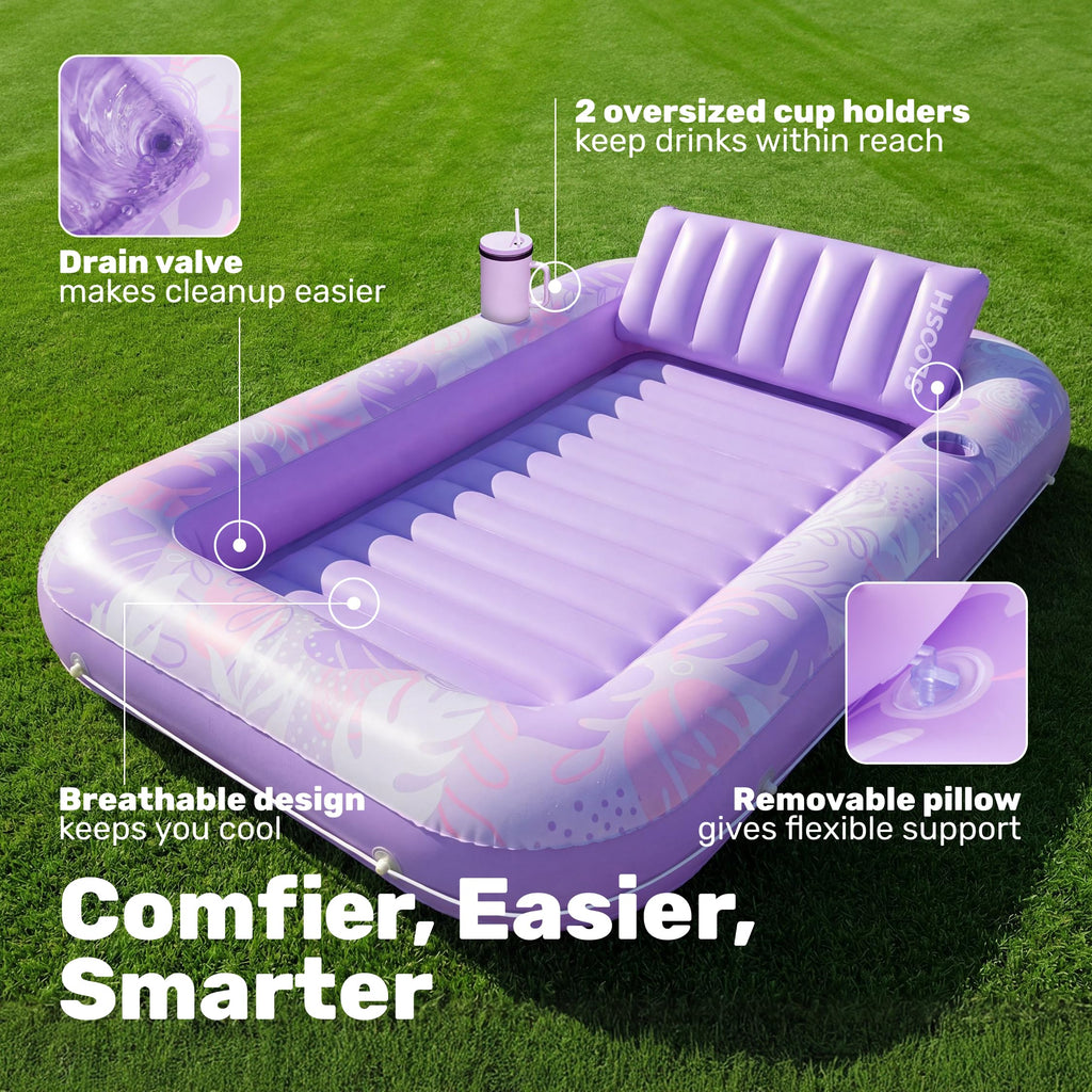 SLOOSH Inflatable Tanning Pool Lounger Float, 85" x 57" Extra Large Pool Floats Adult with Pillow, 4 in 1 Suntan Tub Raft Floatie,Sunbathing Bed Lounge for Water Blow Up Ball Pit Party Gifts, XL-Blue
