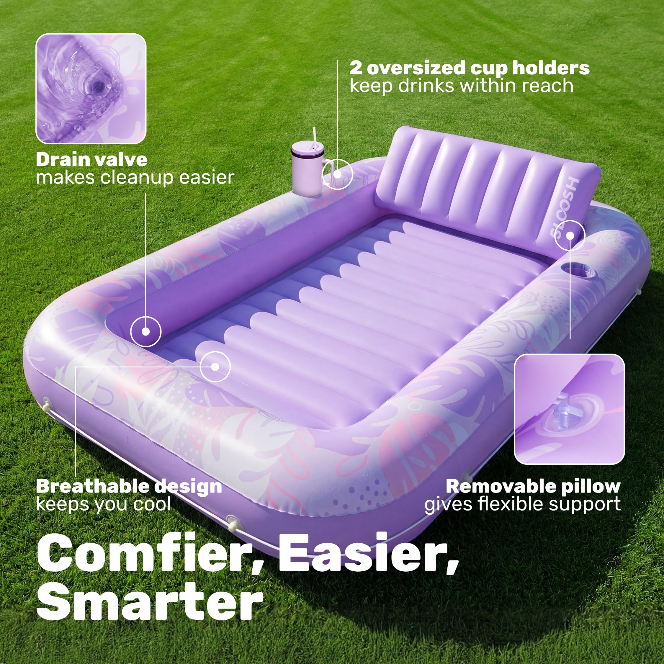 SLOOSH Inflatable Tanning Pool Lounger Float, 85" x 57" Extra Large Pool Floats Adult with Pillow, 4 in 1 Suntan Tub Raft Floatie,Sunbathing Bed Lounge for Water Blow Up Ball Pit Party Gifts, XL-Blue