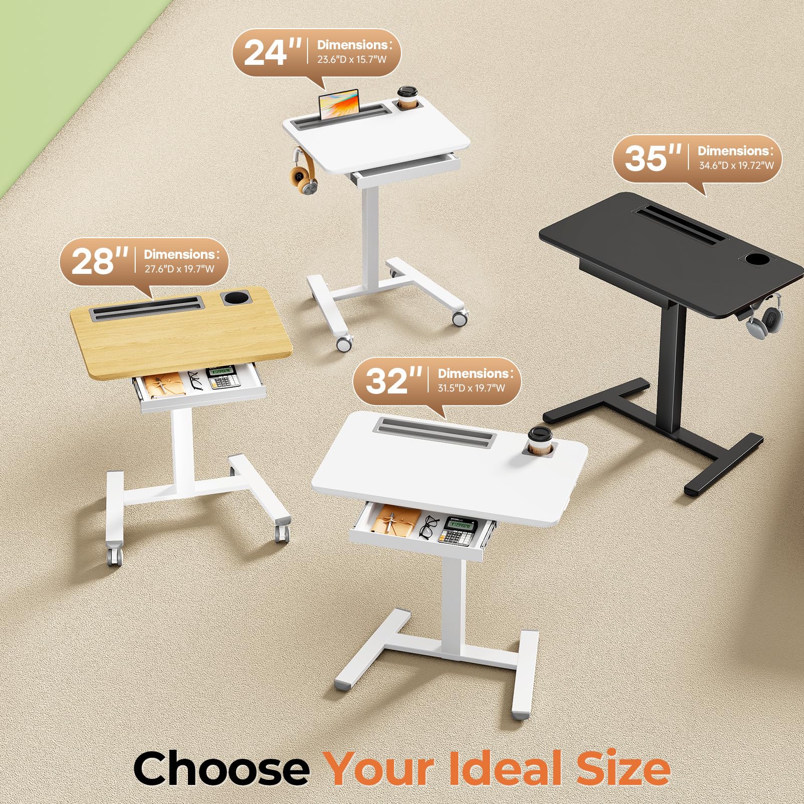 Small Mobile Standing Desk with Drawer, 23.6"x19.7" Rolling Laptop Cart on Wheels, Height Adjustable Sit Stand Computer Workstation with Storage for Compact Space, Black