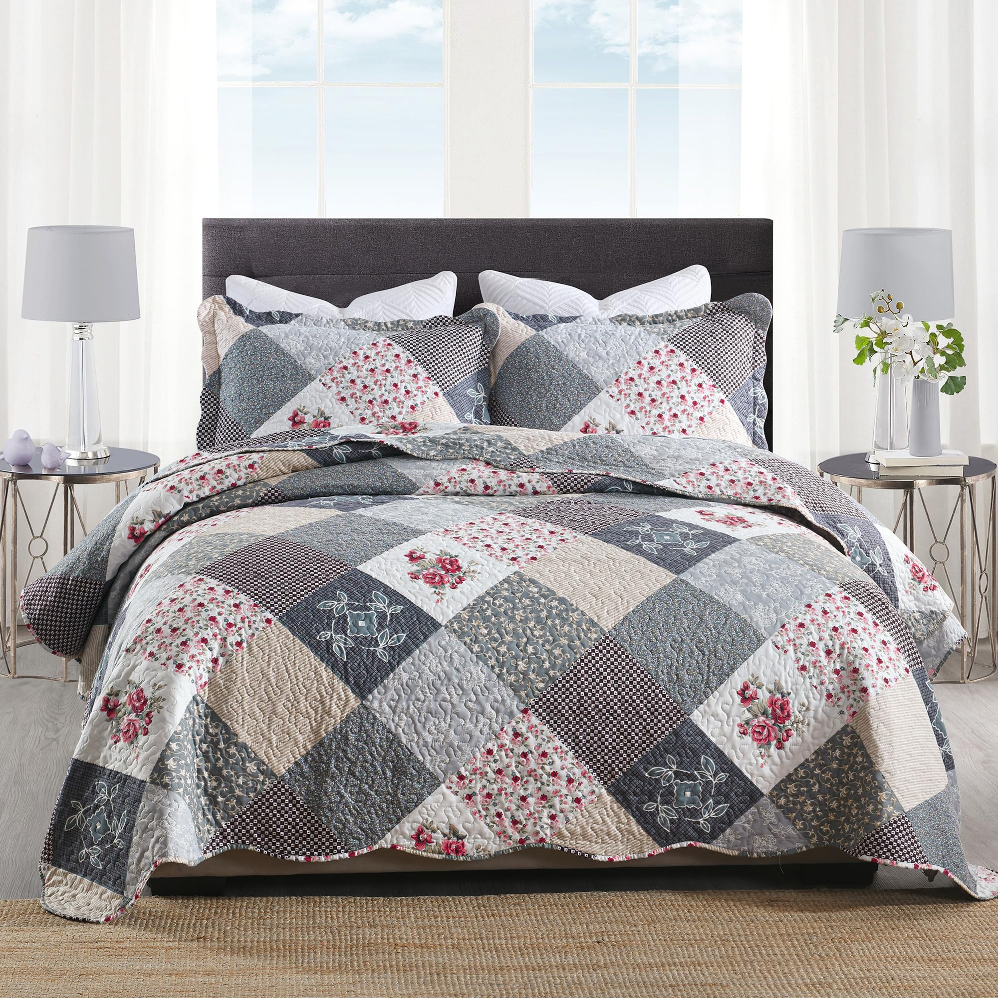 HoneiLife Quilt Sets Twin Size - 2 Piece Microfiber Quilts Reversible Bedspreads Patchwork Coverlets Floral Bedding Set All Season Quilts with Blue and White Porcelain Pattern