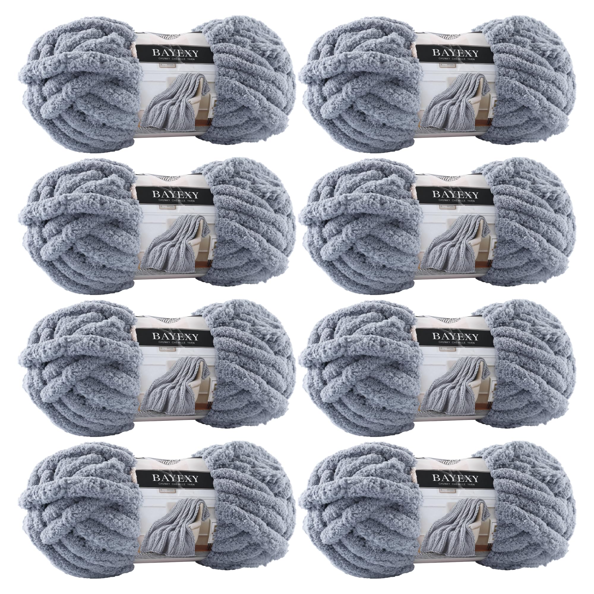 Chunky Chenille Yarn for Hand Knitting 8 Jumbo Pack Jumbo Chunky Yarn for Hand Soft Blanket Knitting, Bulky Thick Fluffy Yarn for Crocheting (Black)