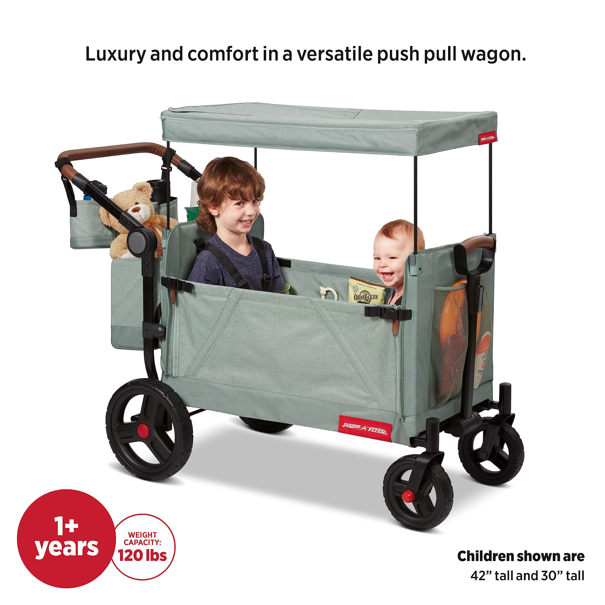 Radio Flyer Atlas Stroll 'N Wagon, Navy Blue, For Ages 1+, 3-in-1 Push or Pull Versatility, One-Hand Fold, UV Canopy, 5-Point Harnesses, Storage Capabilities, Rubber Wheels, Stroller Wagon for Kids