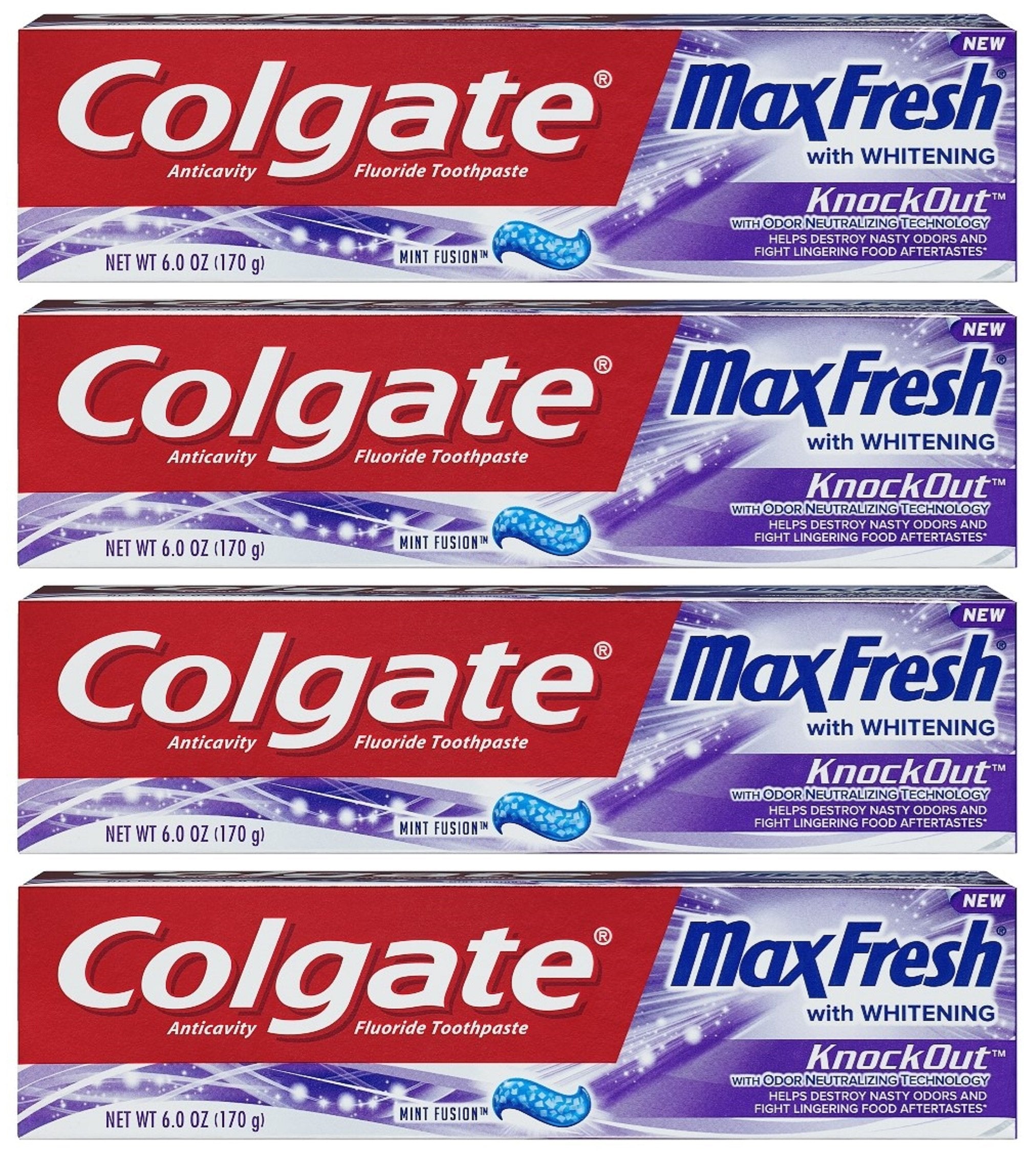 Colgate Max Fresh Toothpaste - KnockOut - With Odor Neutralizing Technology - Net Wt. 6 OZ (170 g) Per Tube - Pack of 4 Tubes | Odor Neutralizing Technology