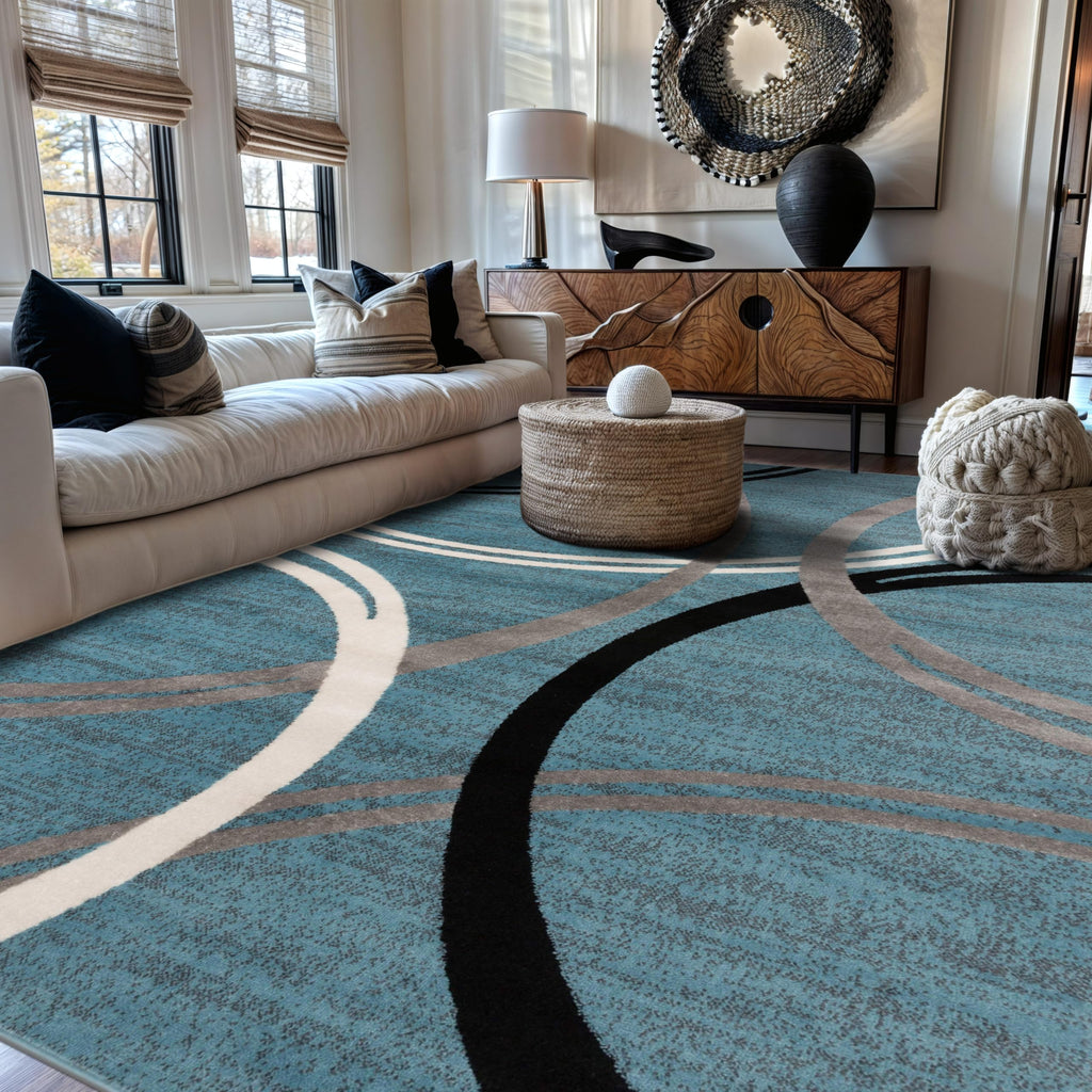 Rugshop Modern Wavy Circles Design Accent Rug, Carpet with Jute Backing for Entryway, Kitchen, or Pet Area, Black, 2' x 3'