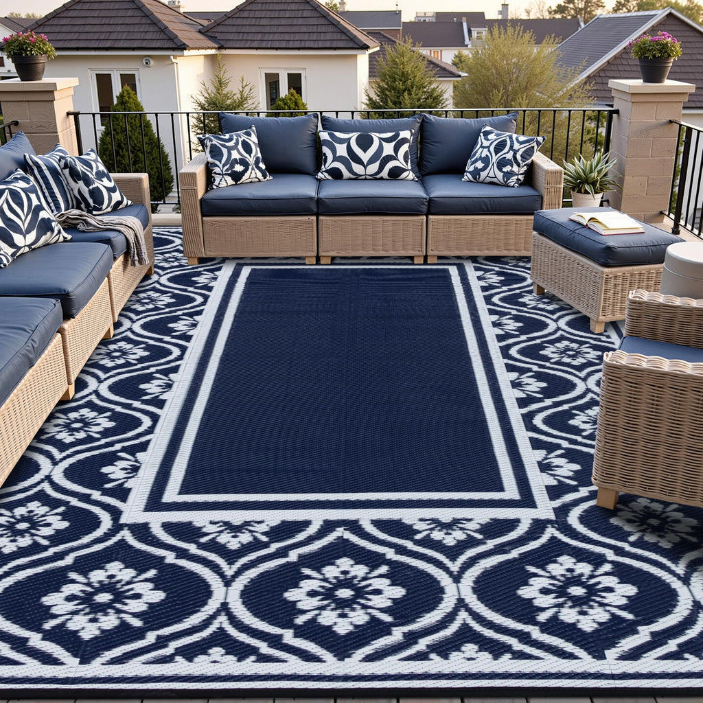 HUGEAR Outdoor Patio Rug 3'x5' Waterproof Outside Area Rugs Blue Reversible Plastic Straw Carpet for RV Deck Camping Entryance Porch Picnic Balcony Beach