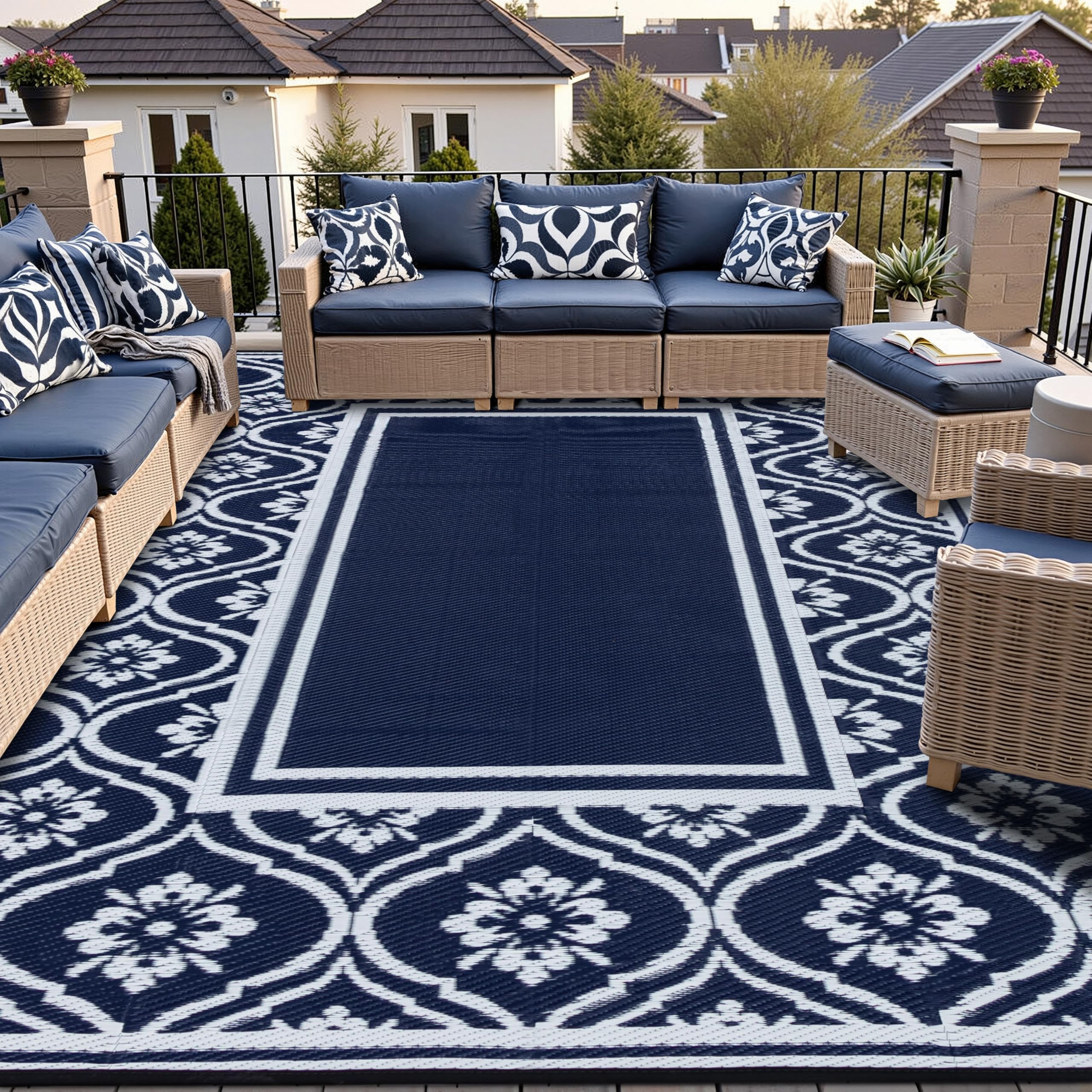 HUGEAR Outdoor Patio Rug 3'x5' Waterproof Outside Area Rugs Blue Reversible Plastic Straw Carpet for RV Deck Camping Entryance Porch Picnic Balcony Beach
