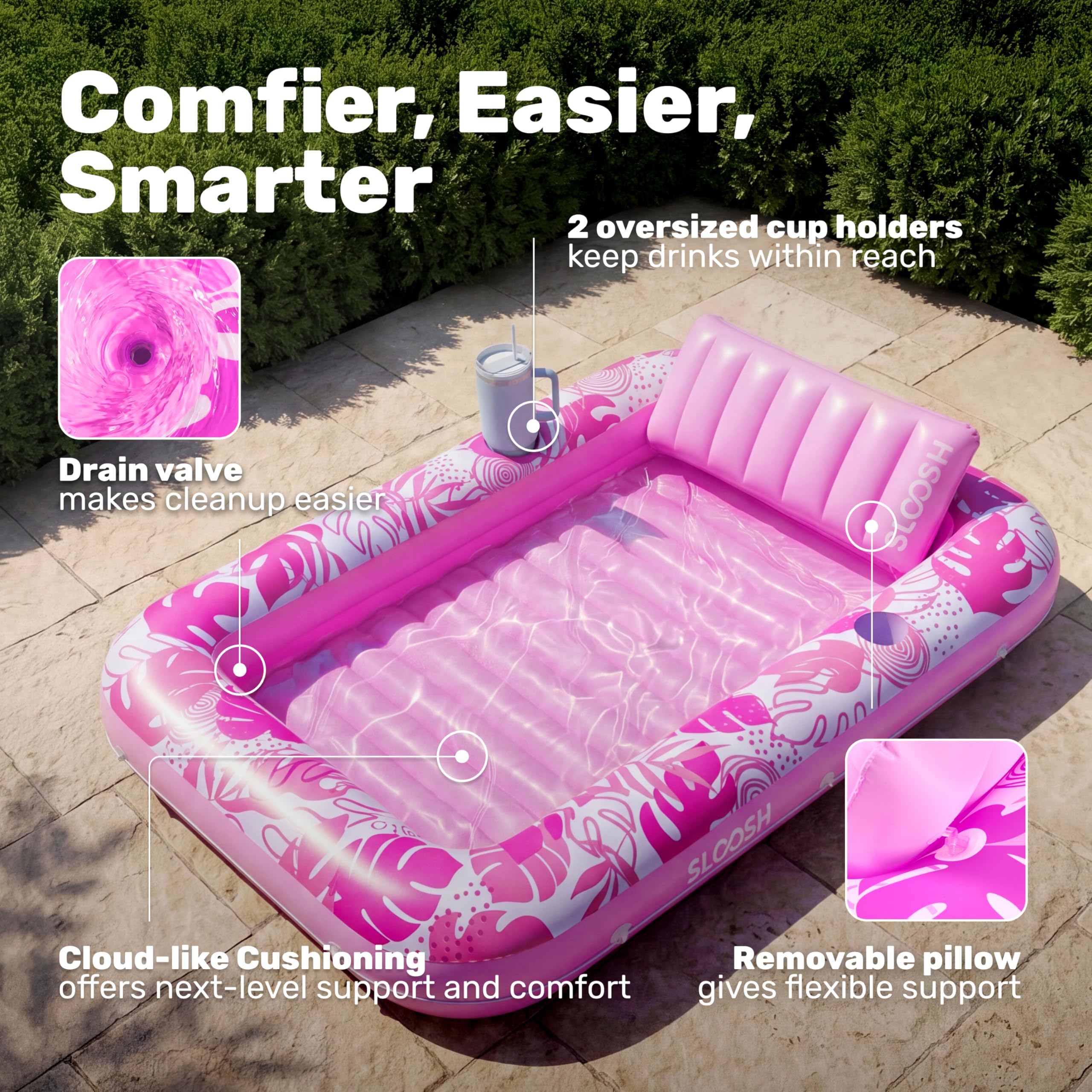 SLOOSH Inflatable Tanning Pool Lounger Float, 85" x 57" Extra Large Pool Floats Adult with Pillow, 4 in 1 Suntan Tub Raft Floatie,Sunbathing Bed Lounge for Water Blow Up Ball Pit Party Gifts, XL-Blue