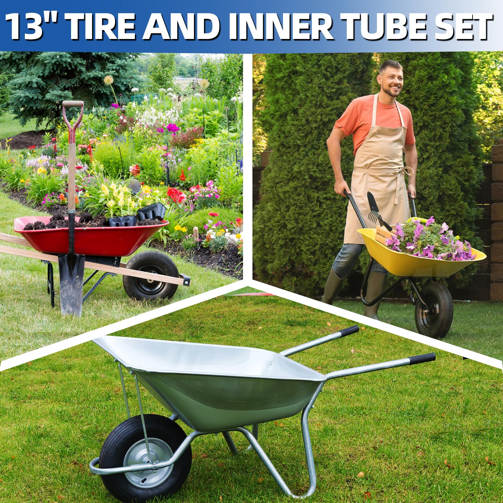 GICOOL 4.00-6 Replacement Tire and Inner Tube Set, 2 Pack, 13" Heavy Duty Tire and Wheel, TR-13 Straight Valve Stem, for wheelbarrow Trolley Dolly Garden Wagon Wheel Replacement