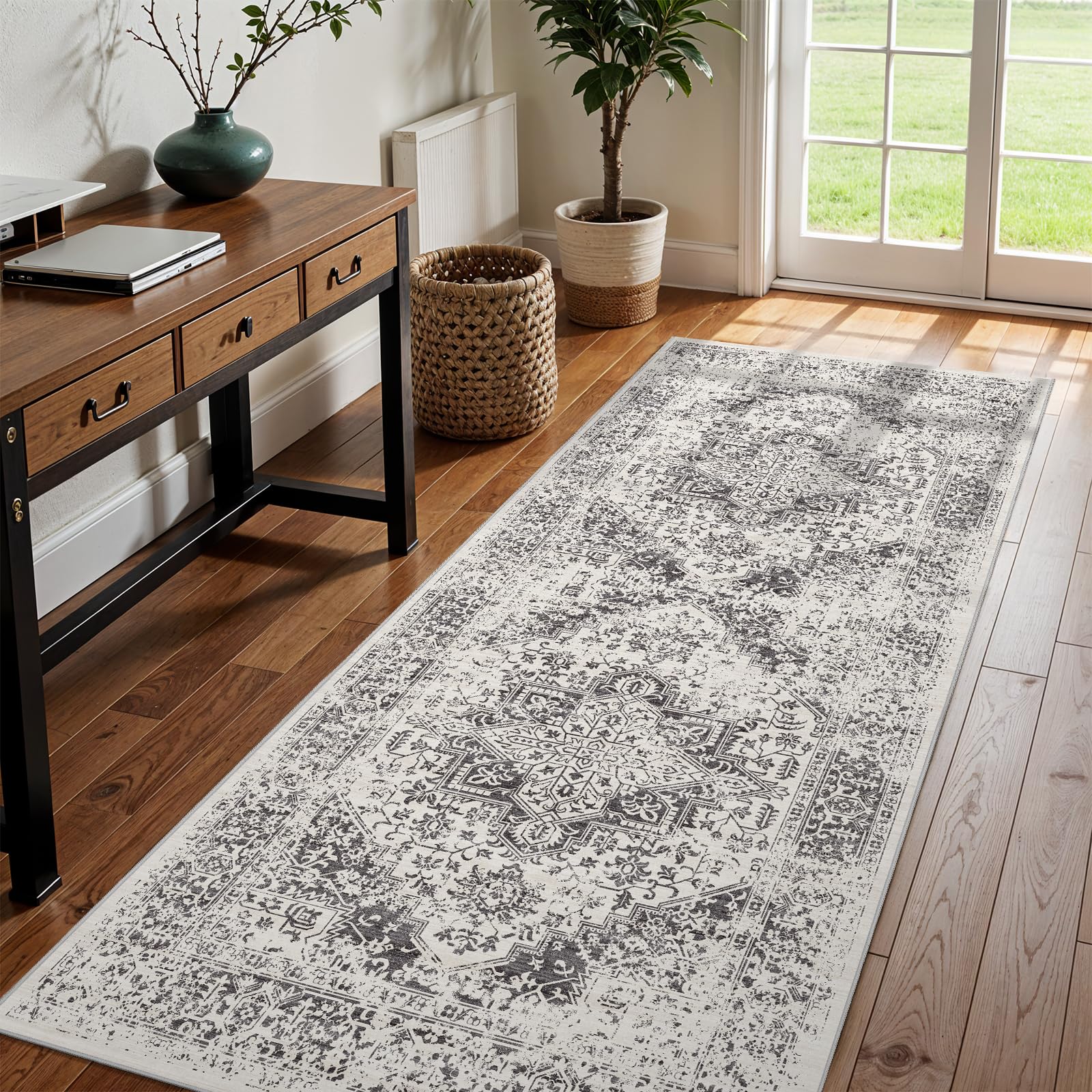 2x5 Washable Kitchen Runner Rug - Soft Low Pile Floral Animal Cat Print Rugs with Non-Slip Backing Waterproof Stain-Resistant Indoor Carpet for Hallway Entryway Bathroom Bedroom (Black)