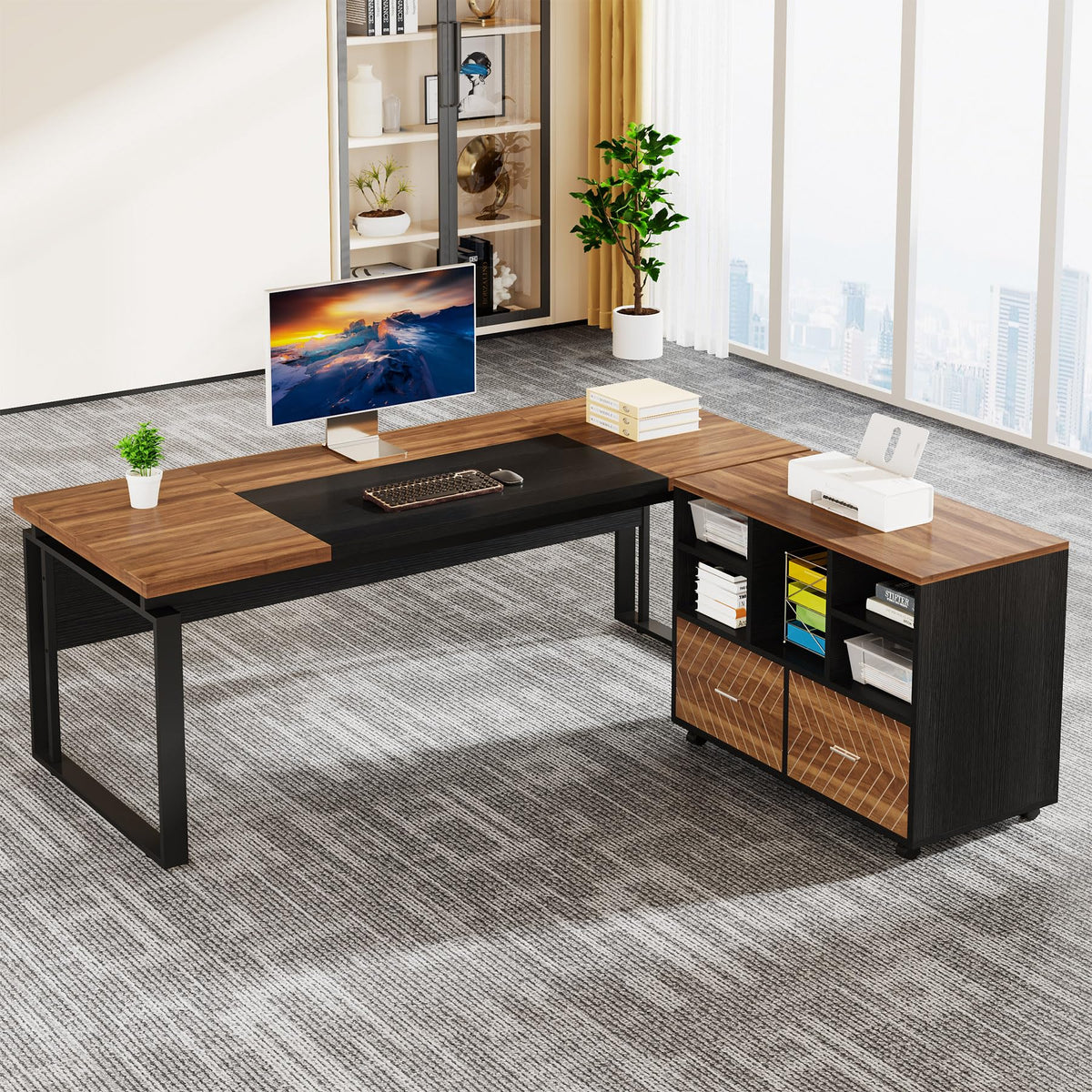 Tribesigns L-Shaped Executive Desk with Reversible File Cabinet, 63" Office Desk with Storage Drawers, L-Shaped Computer Desk with Drawer Cabinet for Hanging Letter Size Files (Gray & Black)