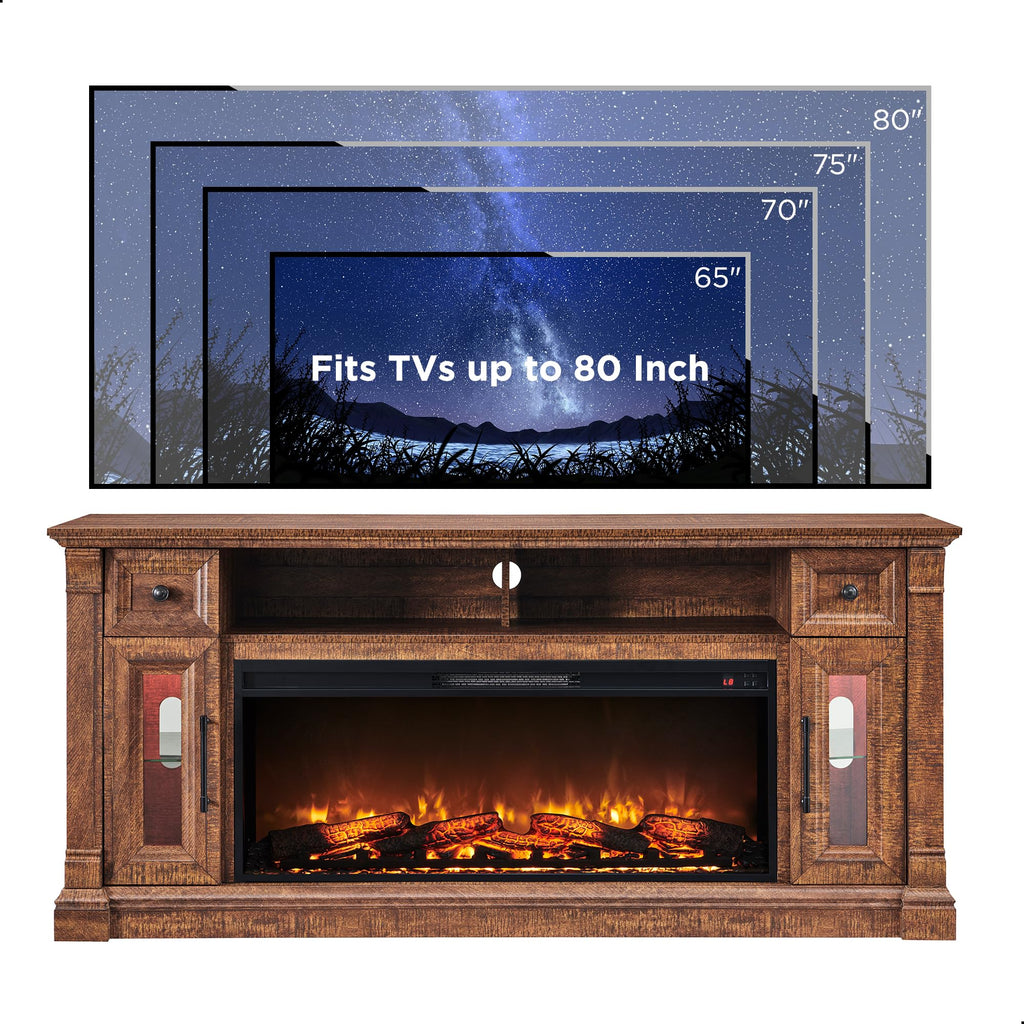 OKD Fireplace TV Stand for 80 Inch TV - Farmhouse Entertainment Center with 42" Electric Fireplace & LED Lights, Wood Media Console with Storage Drawers & Cabinets for Living Room, Antique White