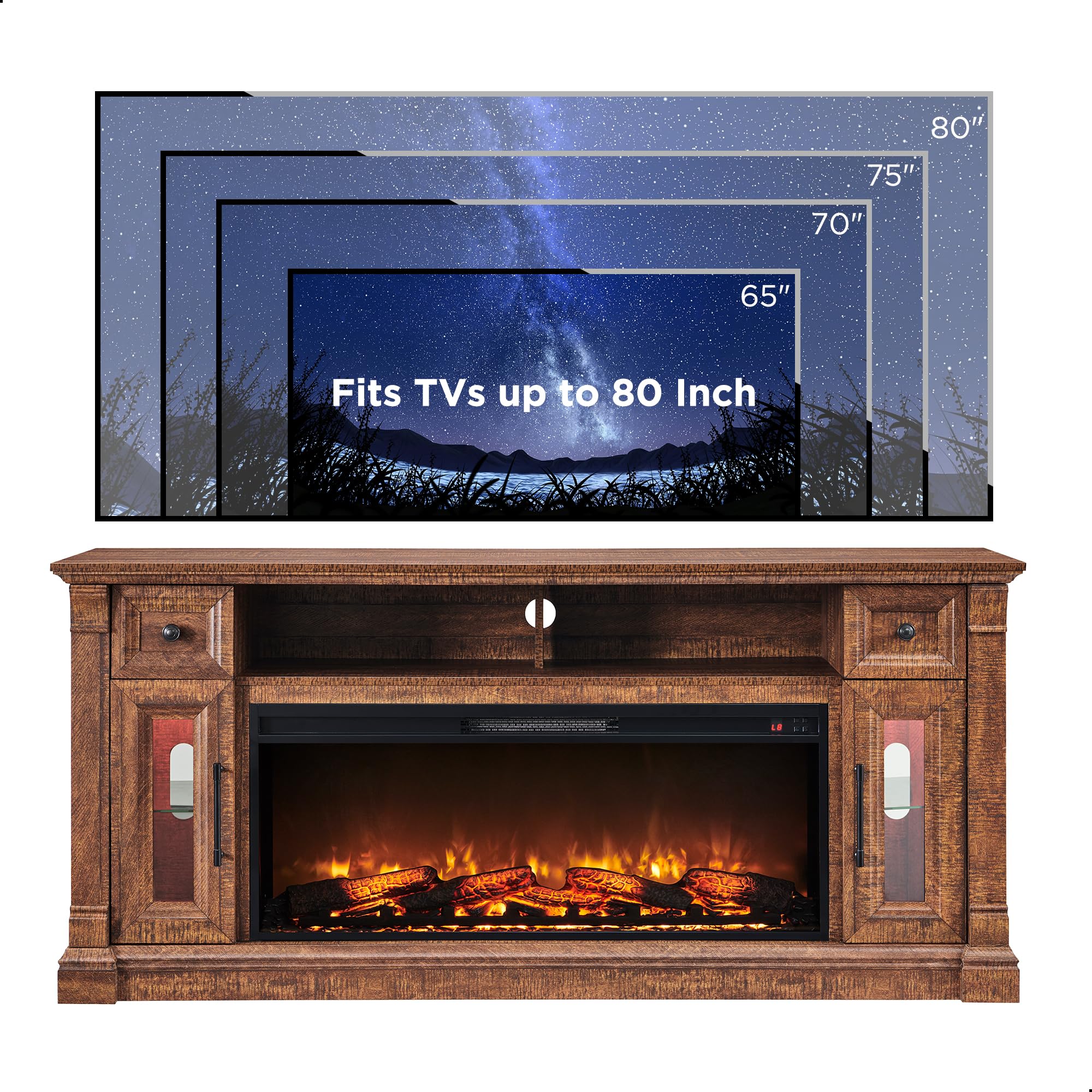 OKD Fireplace TV Stand for 80 Inch TV - Farmhouse Entertainment Center with 42" Electric Fireplace & LED Lights, Wood Media Console with Storage Drawers & Cabinets for Living Room, Antique White