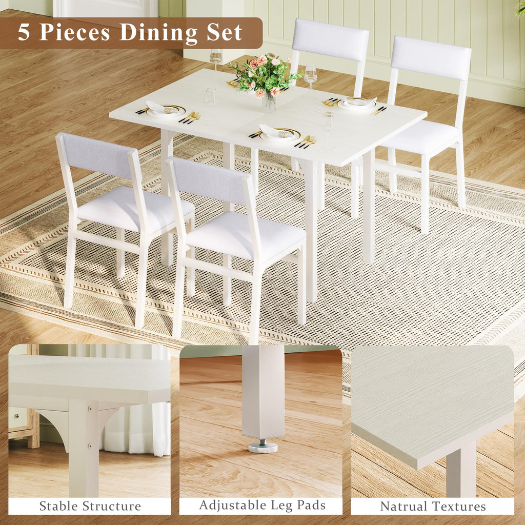 HUAHUU Dining Table Set for 4, Extendable Kitchen Table Cushion Chairs Set of 4, Rectangle Dining Table with Metal Frame & MDF Board, Folding for Small Apartment Saving Space, Black