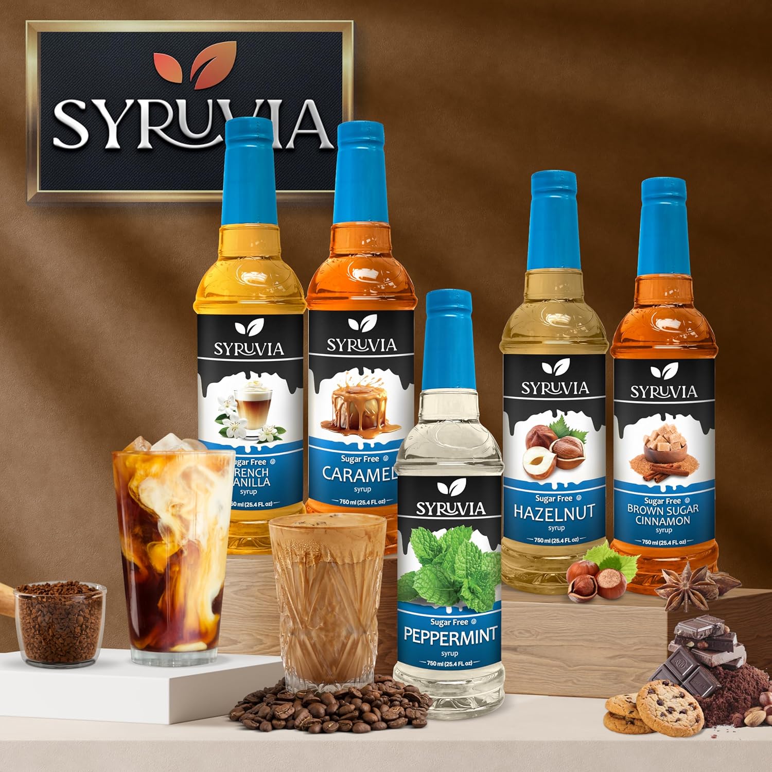 Syruvia Sugar Free Coffee Syrup Variety Pack: Vanilla, Caramel, Hazelnut, and Brown Sugar Cinnamon - Gluten-Free, Kosher, 25.4 fl oz Bottles - Enhance Your Coffee Experience,