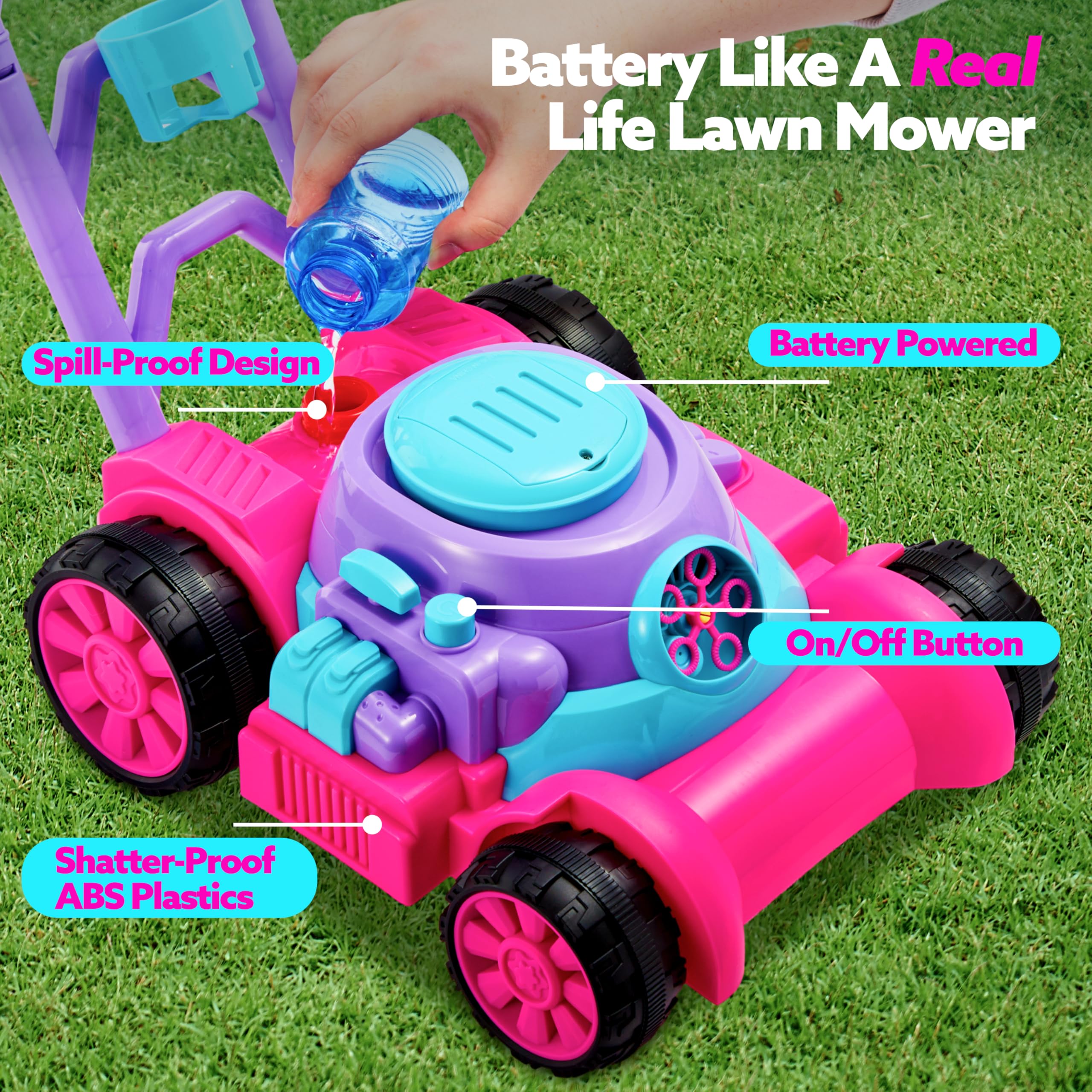 SLOOSH Bubble Lawn Mower Toddler Toys - Spill-Proof Bubble Machine Pretend Gardening Play Toy for Age 1 2 3 1-3 Year Old Baby Boys Indoor Outdoor Use, Easter Basket Stuffers Birthday Gifts (Blue)