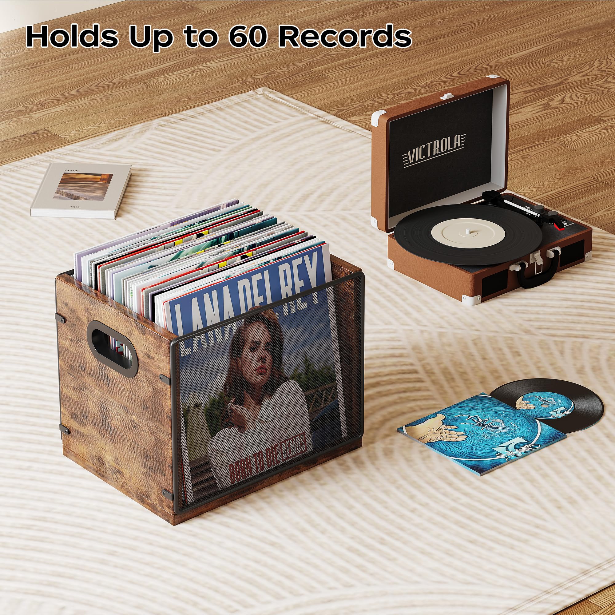Homeiju Vinyl Record Storage, Record Box Case Crate, Vinyl Record Album Holder, Desktop Metal & Wooden LP Record Crate, Holds up to 60 Records（Patent No.D1024563