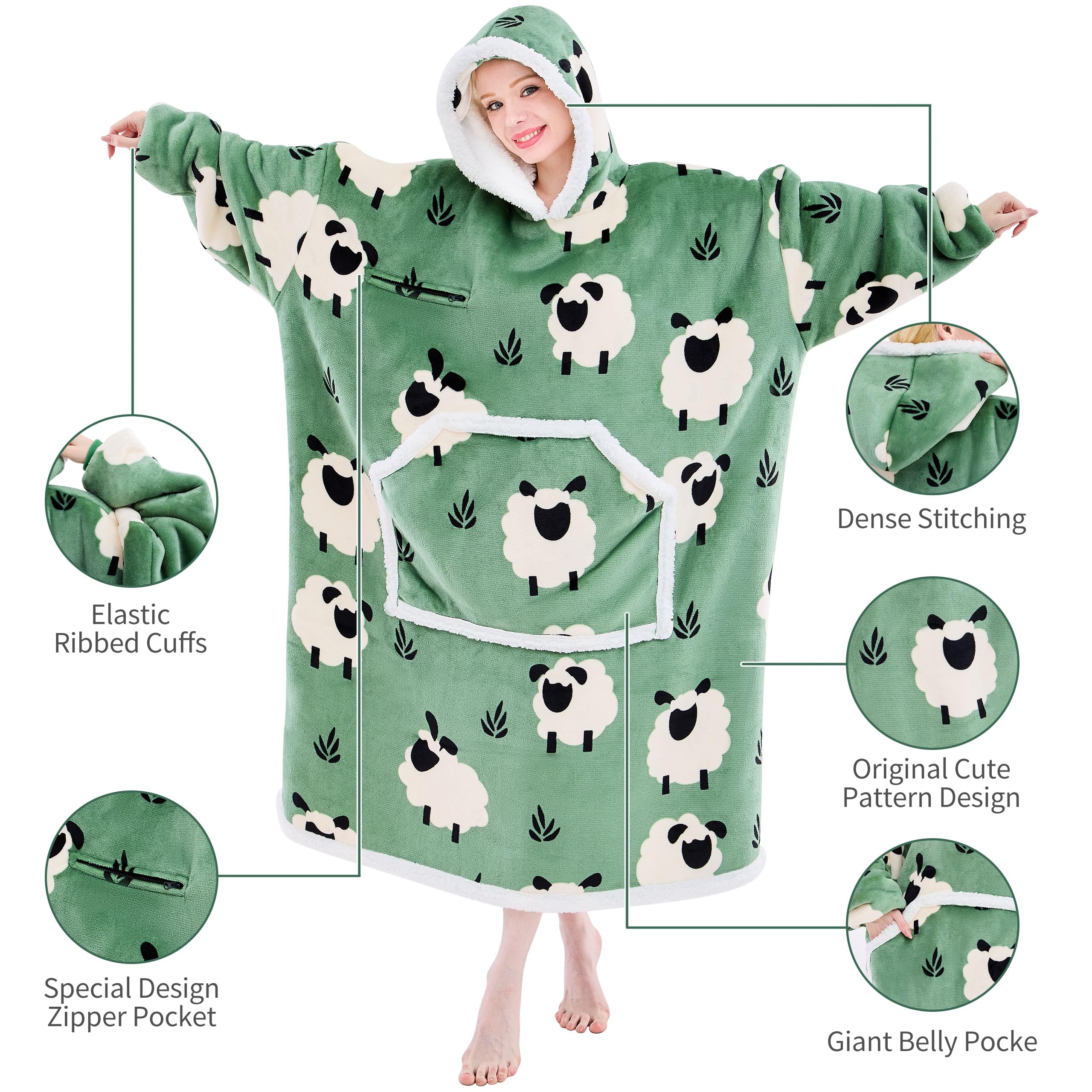IFNOW Wearable Blanket Hoodie, Oversized Sherpa Fleece Hooded Sweatshirt with Eye Mask, Cozy and Giant Blanket Hoodie with Sleeves Extra Long for Adults Men Women, Black
