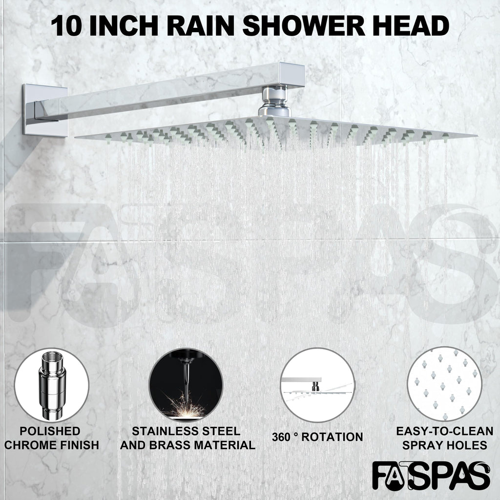 Brushed Gold Shower System with 10-Inch Rain Showerhead and Tub Spout | cUPC-certified pressure balance brass valve to prevent scalding, CEC-certified air injection technology for low pressure