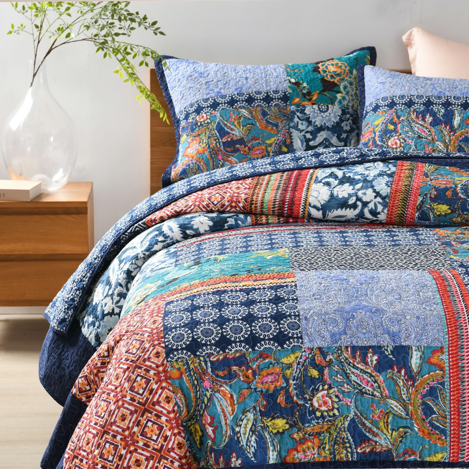 Secgo Twin Comforter Set for Bed - 100% Cotton Quilts Twin Size, Black Bedspreads with 2 Pillow Shams, Patchwork Reversible Lightweight Bedding