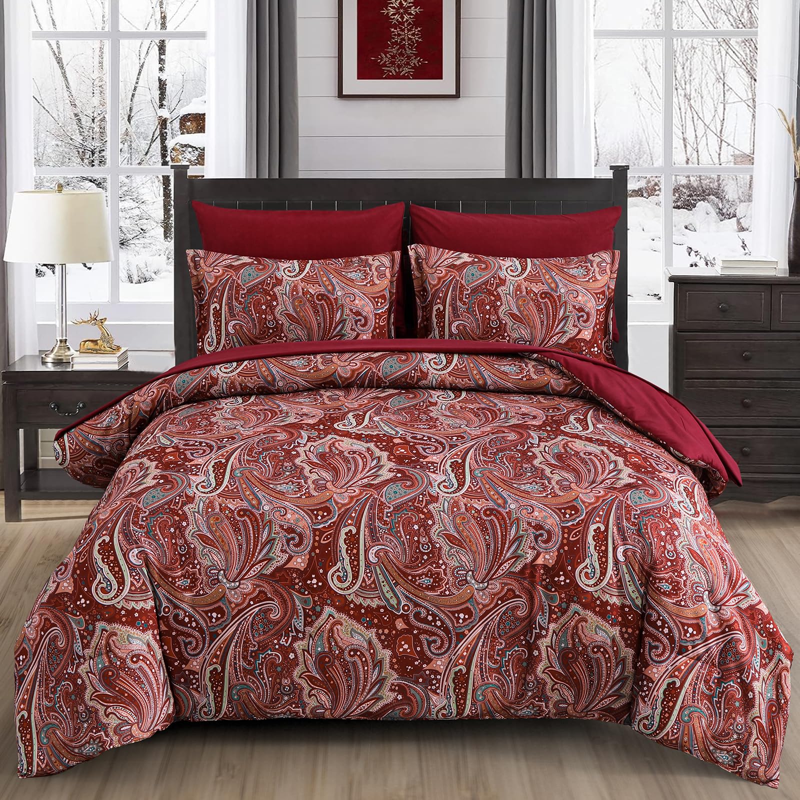 DJY Black Paisley Comforter Set Full Size 7 Piece Bed in a Bag Black and Grey Boho Paisley Pattern Comforter Set Soft Lightweight Microfiber Reversible Bedding Set for All Season