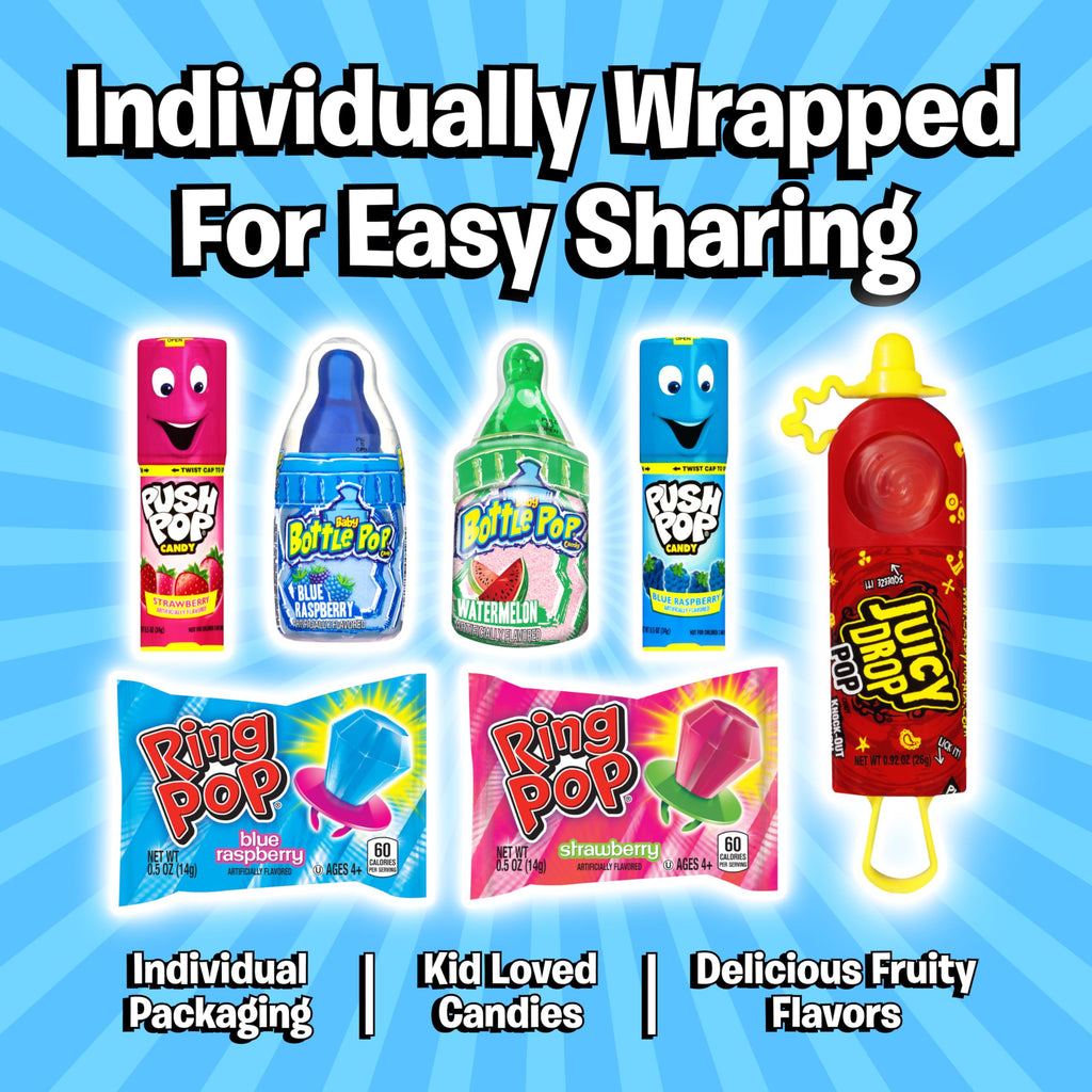 Assorted Candy Variety Pack 4 Count Lollipops - Ring Pop, Push Pop, Baby Bottle Pop & Juicy Drop - Ideal for Kids Party Favors, Party Favor Bags by Bazooka Brands