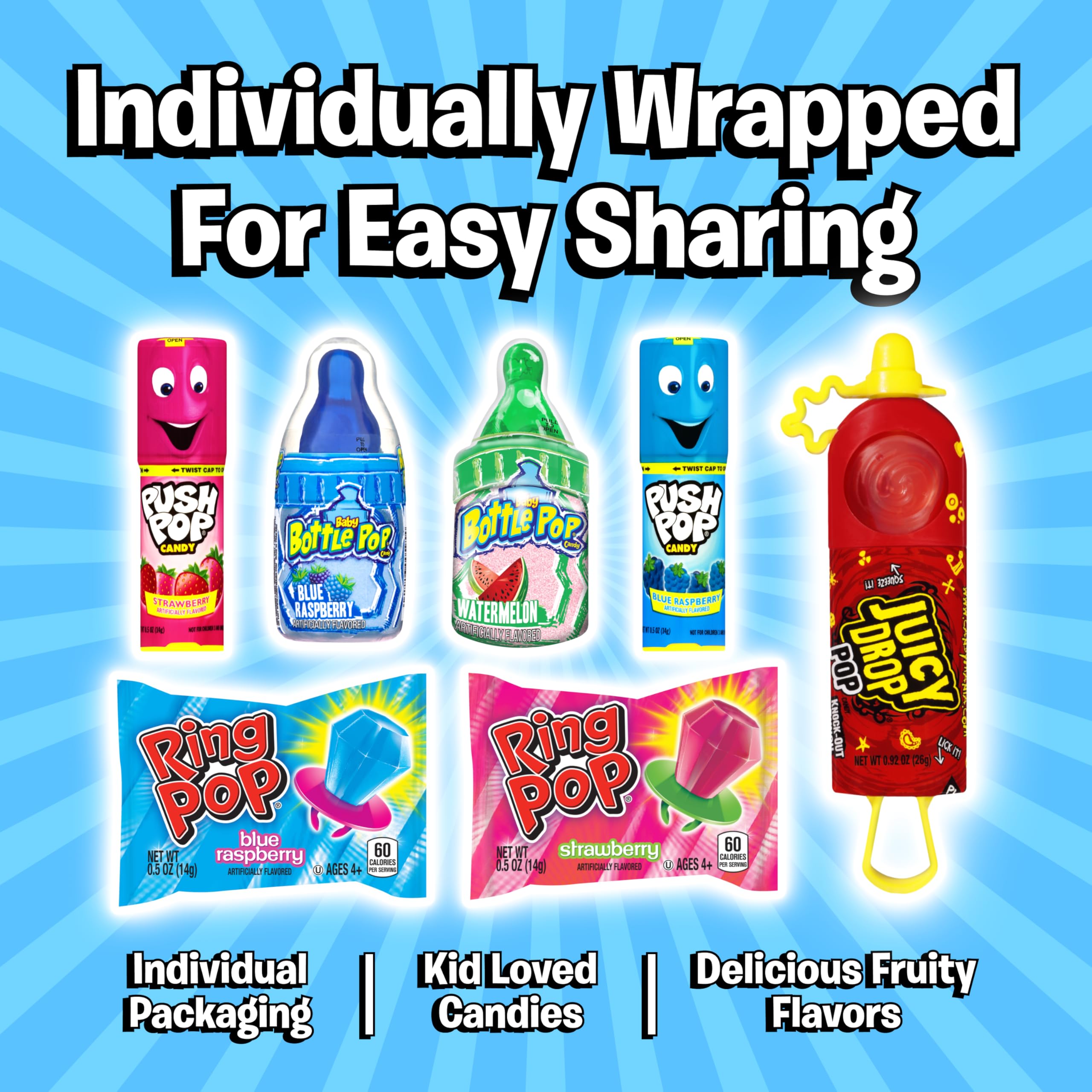 Assorted Candy Variety Pack 4 Count Lollipops - Ring Pop, Push Pop, Baby Bottle Pop & Juicy Drop - Ideal for Kids Party Favors, Party Favor Bags by Bazooka Brands