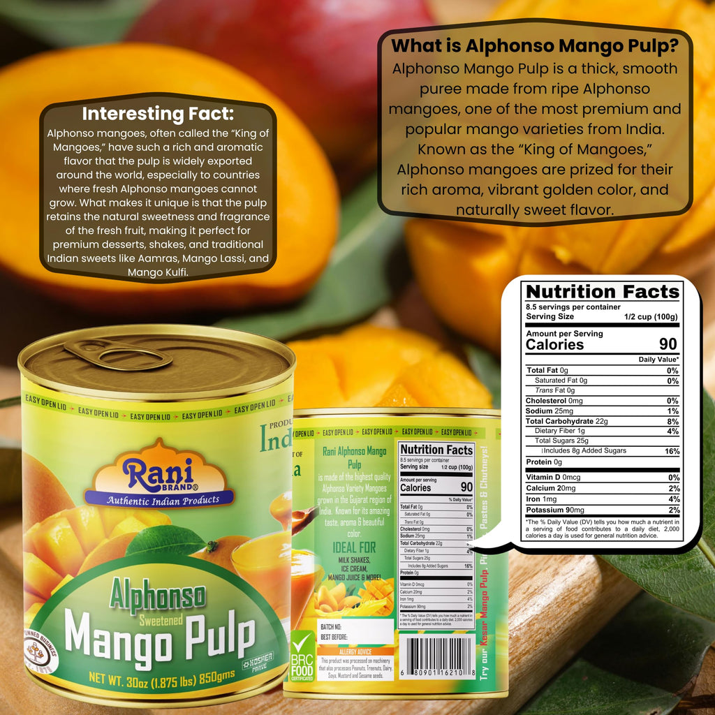 Rani Mango Pulp Puree (Makes Mango Lassi Shakes) Alphonso Sweetened 30oz (1.875lbs) 850g ~ Kosher | All Natural | NON-GMO | Vegan | No colors | Gluten Friendly | Indian Origin