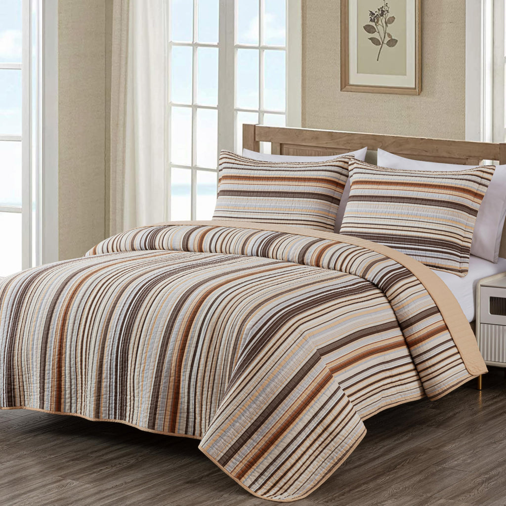 Chezmoi Collection Avery Striped Cotton Quilt Set Twin Size, 2-Piece Soft Pre-Washed 100% Cotton Quilt, Multi-Color Brown
