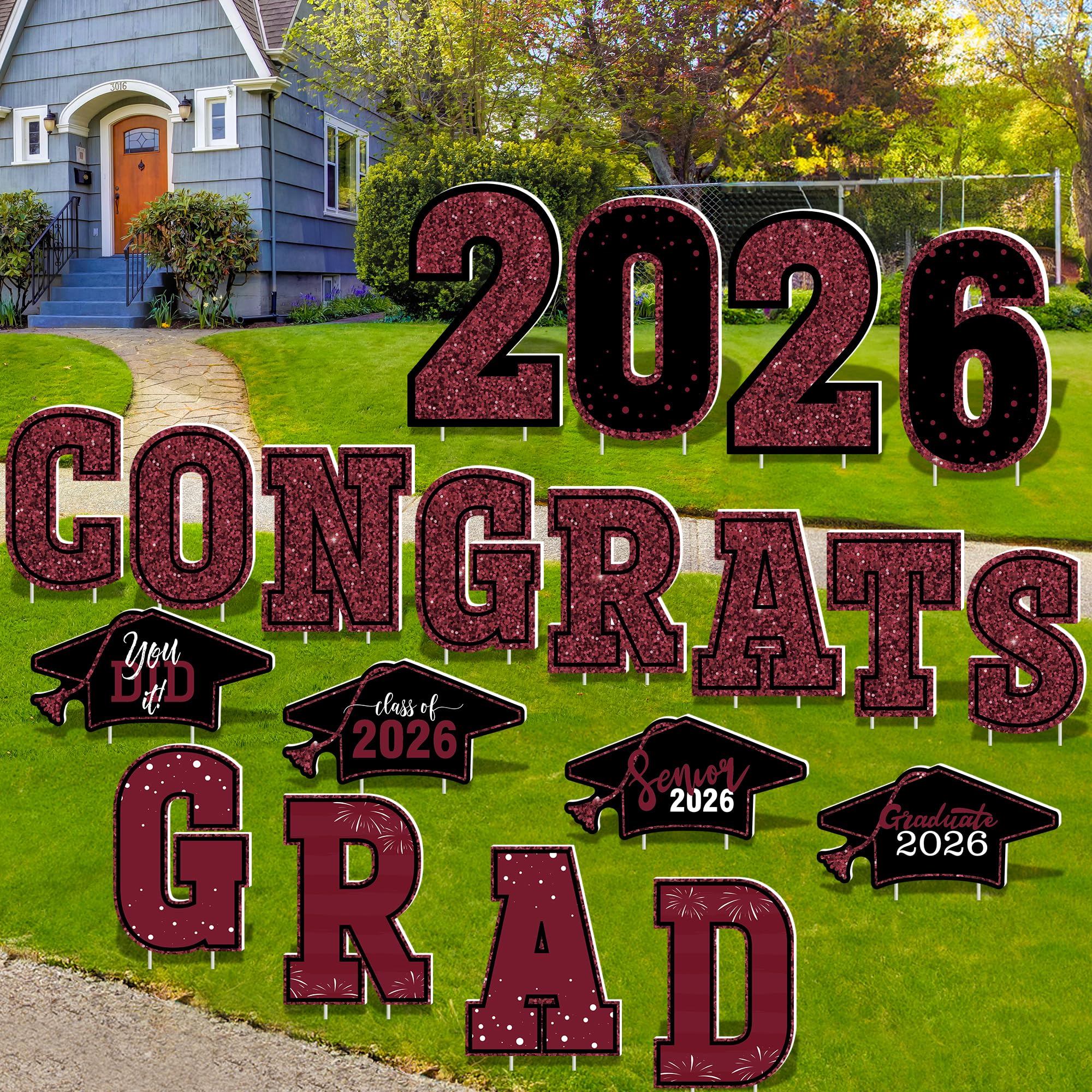 HOVACY 20 PCS Black Gold Graduation Yard Signs Class of 2026 | Black Gold 20 PCS, 40 Stakes, 11.57 x 16.14 in, Corrugated Plastic, Waterproof, Congrats Grad Sign, Graduation Sign