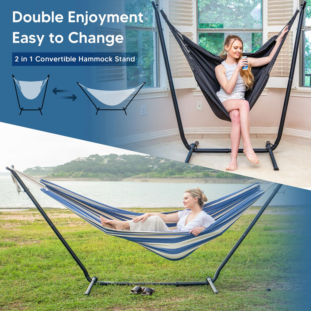 SUNCREAT 2-in-1 Convertible Free Standing Hammock with Stand Included, Camping Backyard Hammock with Stand, Patented, Blue & White Stripe