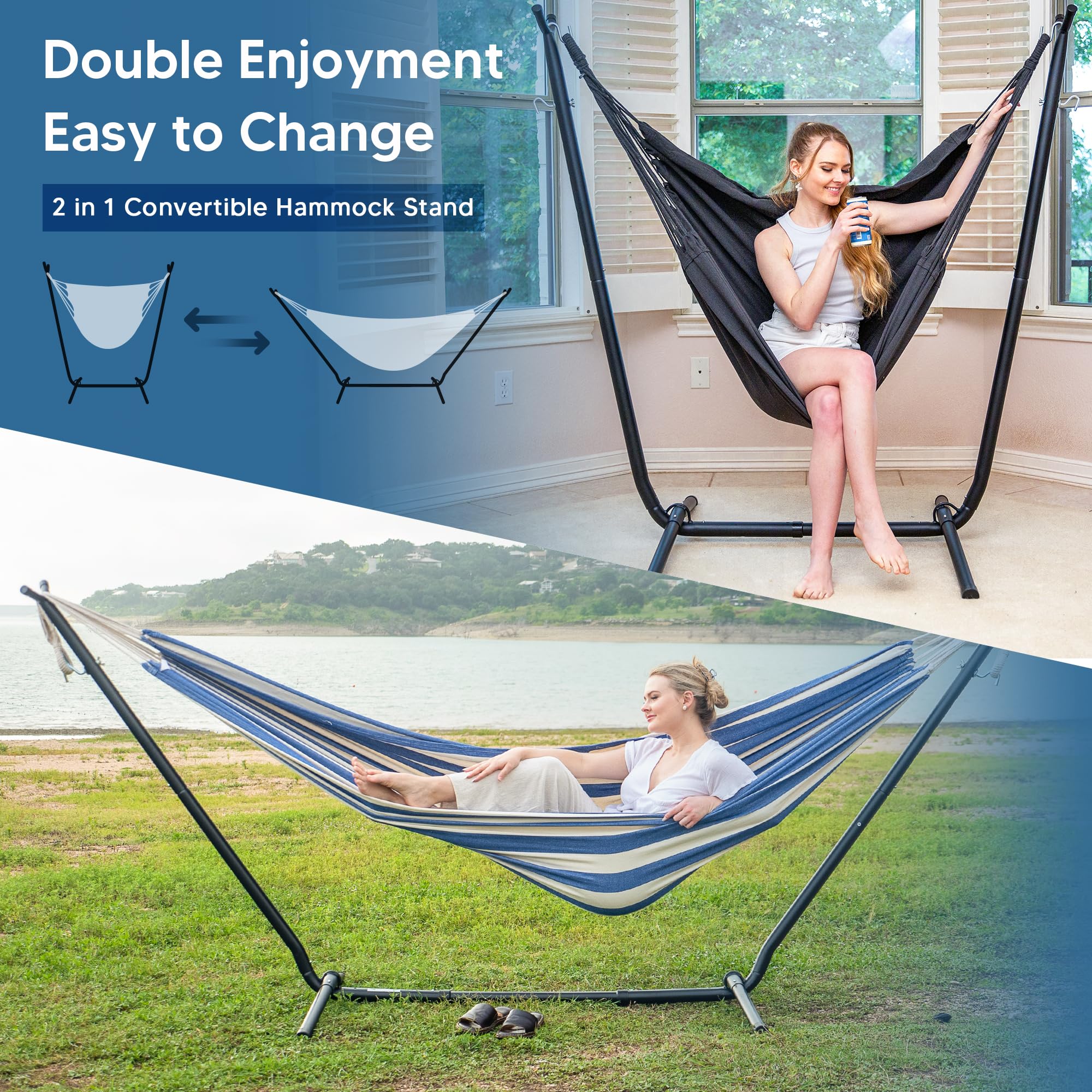 SUNCREAT 2-in-1 Convertible Free Standing Hammock with Stand Included, Camping Backyard Hammock with Stand, Patented, Blue & White Stripe