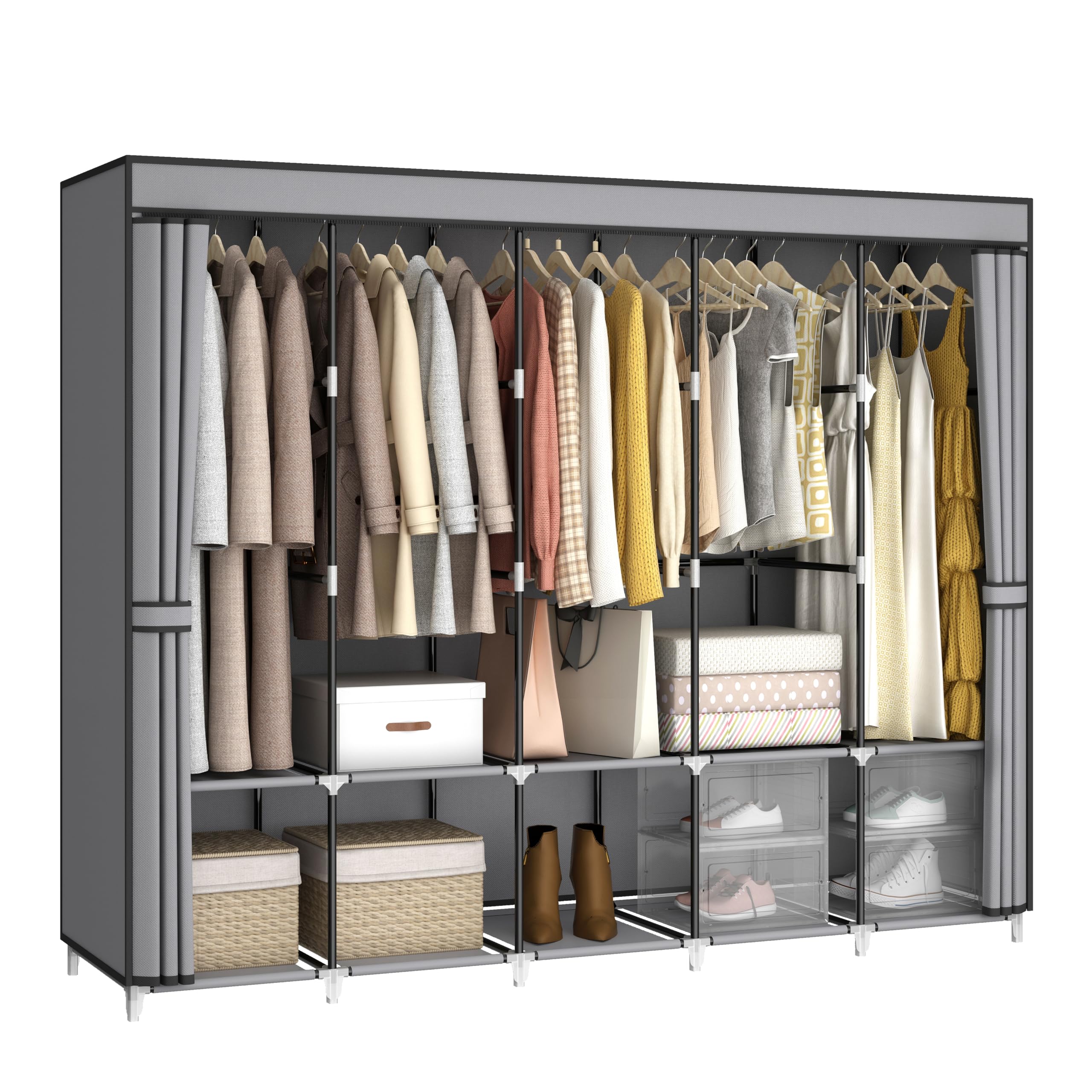 MOGELAFOO Portable Closet Wardrobe for Small Room, 35-Inch Clothing Organizer Storage Rack with 2 Clothes Hanging Rods and 4 Shelves, Non-Woven Fabric Cover, Black