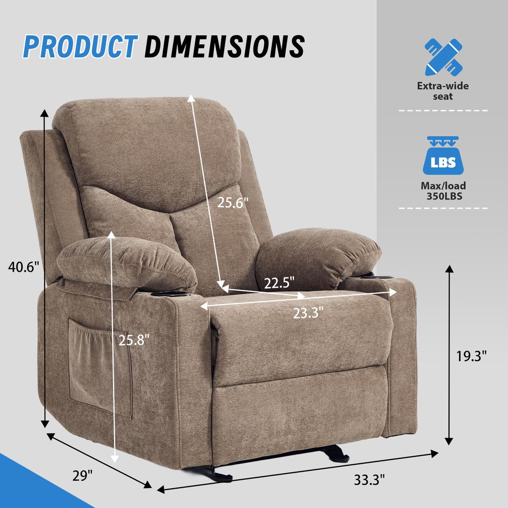 Manual Rocker Recliner Chair for Adults with Massage, Overstuffed Glider Rocking Chair with Cup Holders and Pockets for Living Room, Reclining Sofa Chair for Bedroom Nursery,Beige