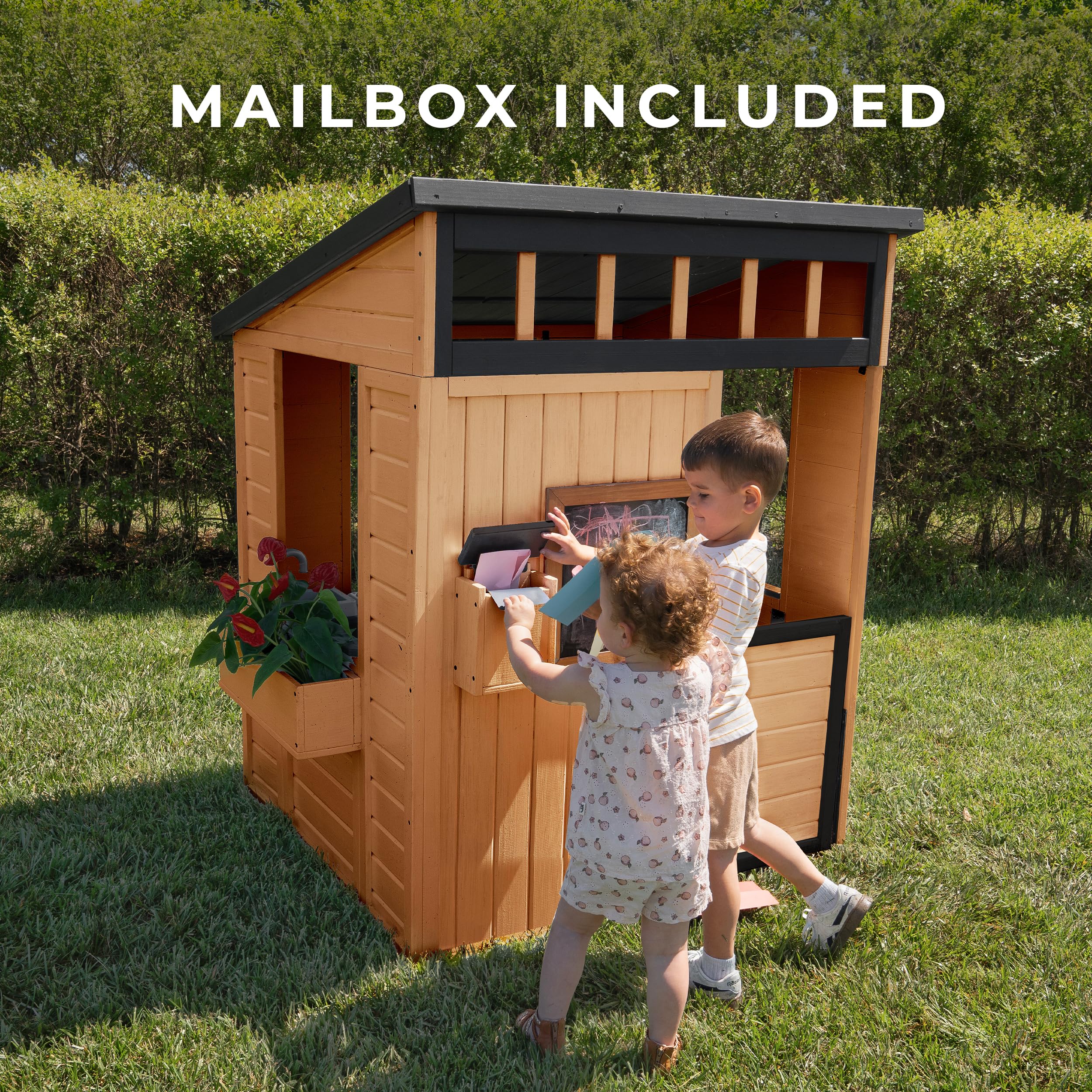 Backyard Discovery Caraway Cottage Cedar Wooden Kids Playhouse with Play Kitchen, Chalkboard, Mailbox, Half Door, Windows, Flower Box, Modern Farmhouse Design for Outdoor Imaginative Play