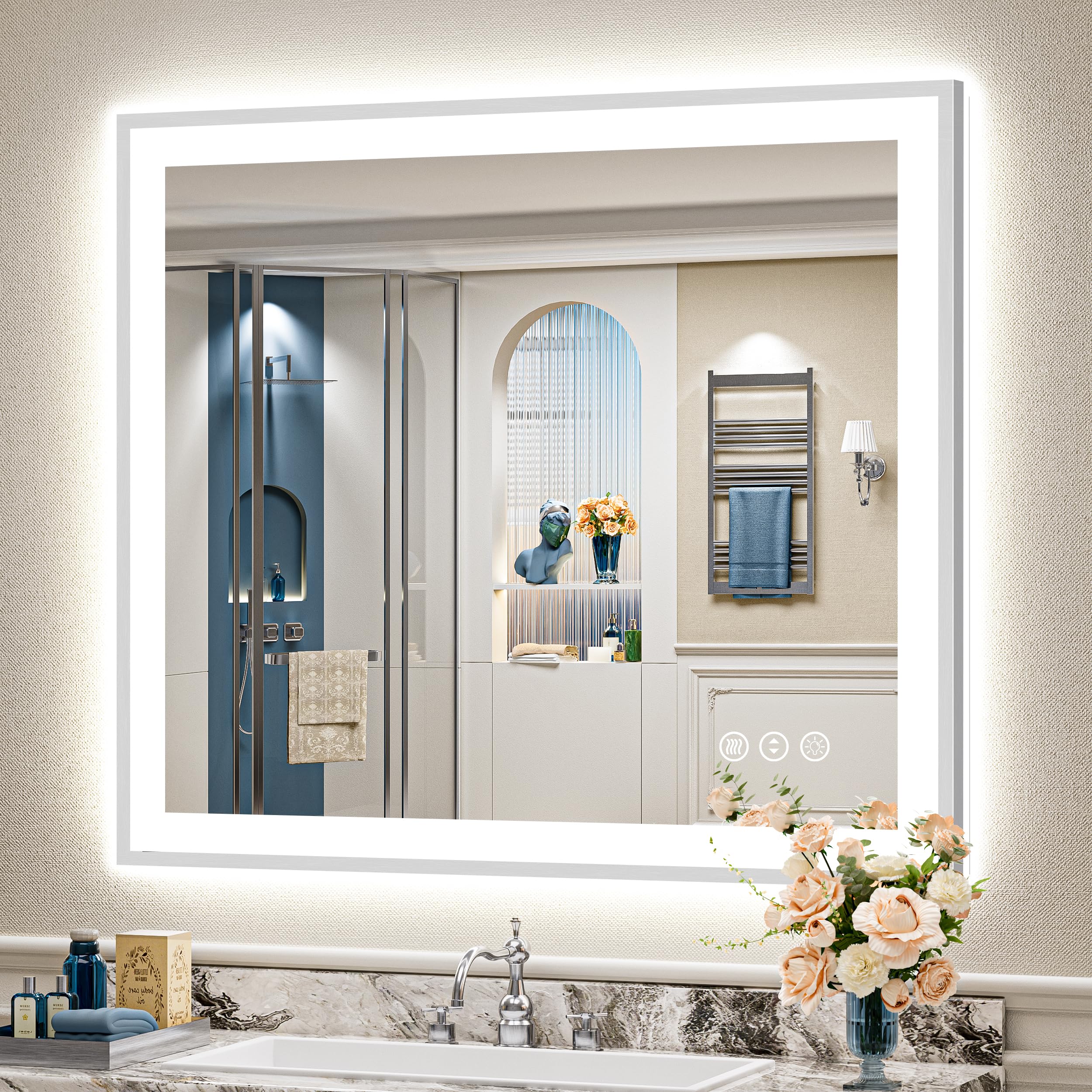 24x32 Black Framed LED Bathroom Mirror with Lights, Backlit and Front Lit Anti-Fog Lighted Vanity Mirrors for Bathroom Wall, Dimmable, 3 Colors, Memory, HD Tempered Glass, Horizontal/Vertical