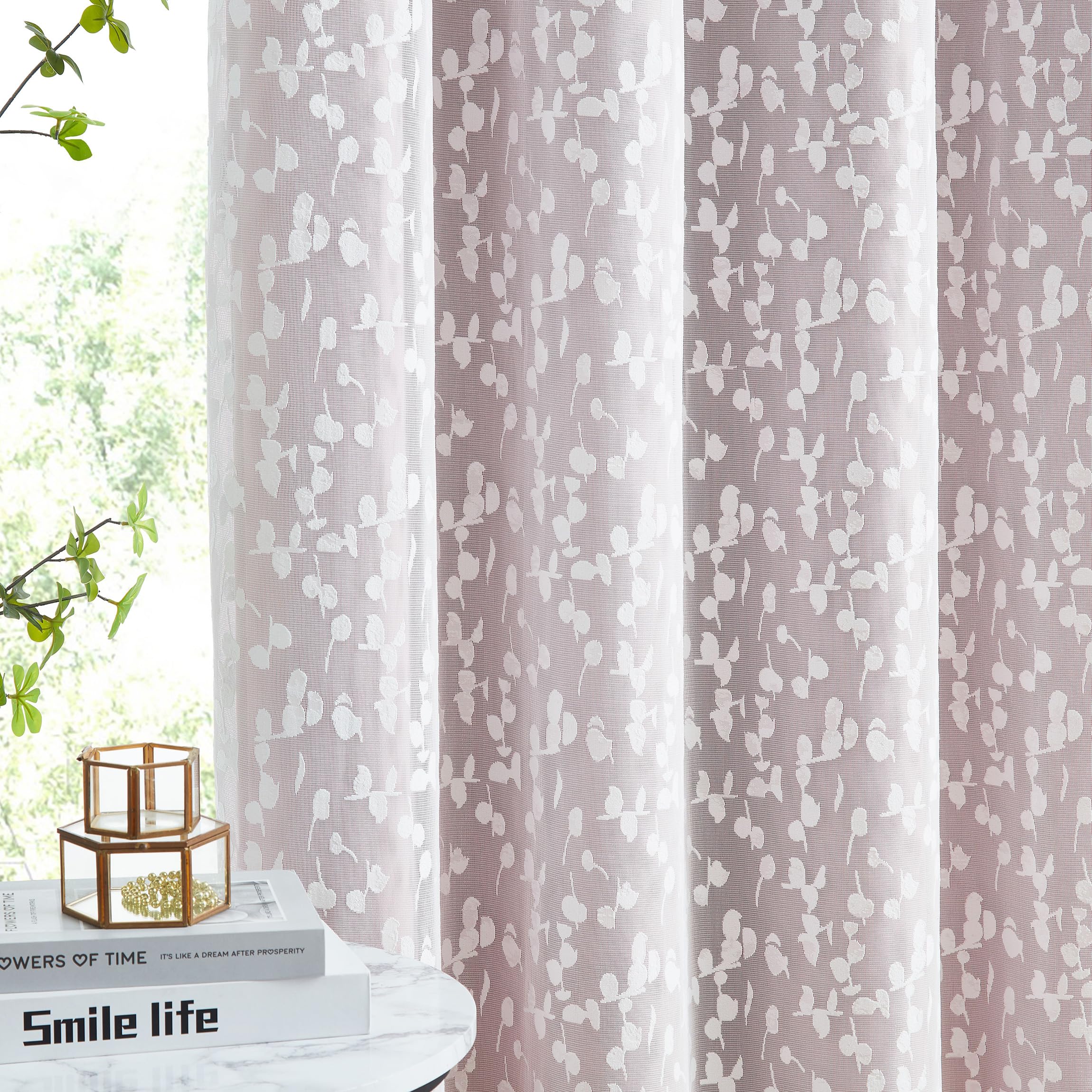 Jubilantex Full Blackout Curtains + Leaf Sheer Window Panels, Beige Mix and Match Style Double Layer Window Treatment Sets for Bedroom Living Room, 4 Panels 52" W x 63" L, Beige and White