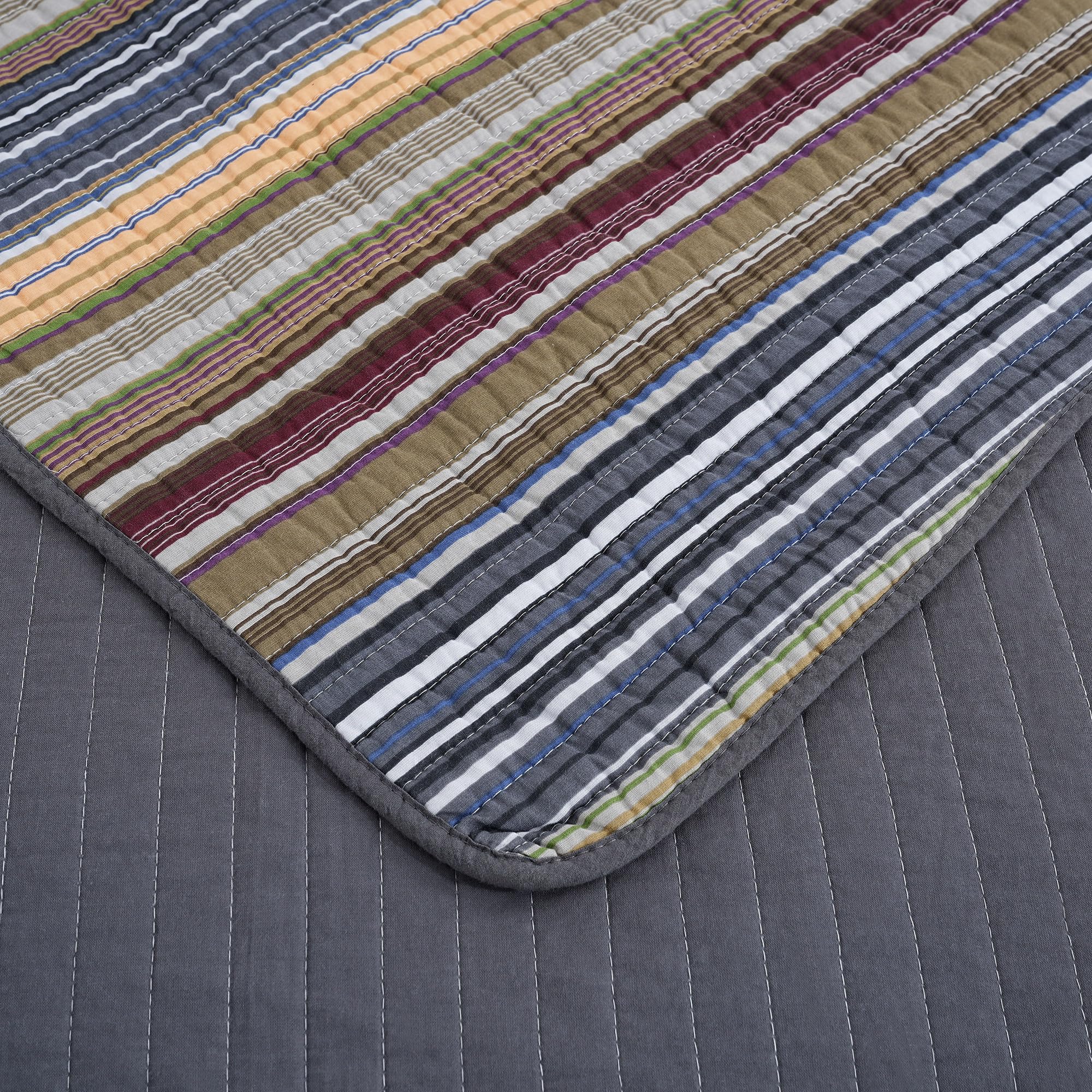 Chezmoi Collection Avery Striped Cotton Quilt Set Twin Size, 2-Piece Soft Pre-Washed 100% Cotton Quilt, Multi-Color Brown