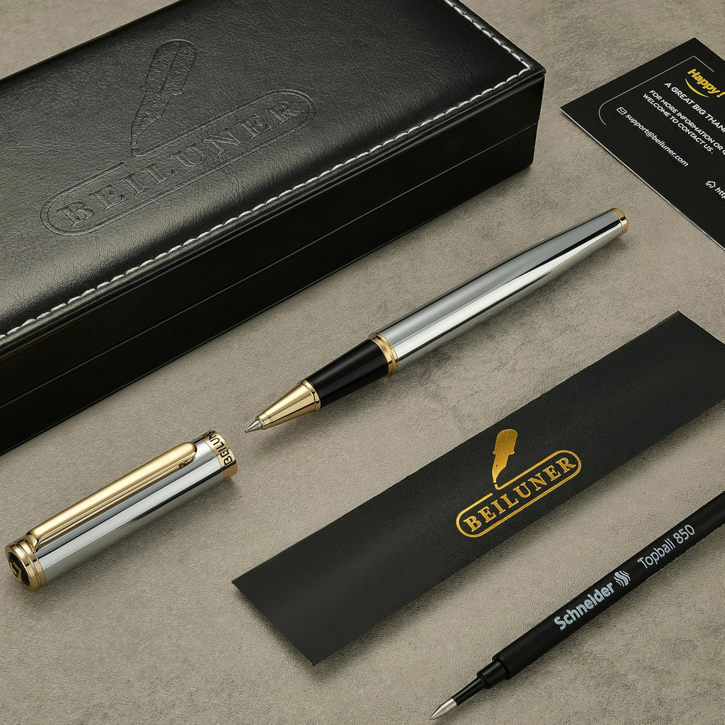 BEILUNER Luxury Rollerball Pen,24K Gold Trim,Noble and Elegant Designs,Schneider Ink Refill, Best Roller Ball Pen Gift Set for Men & Women, Professional, Executive Office, Nice Pens