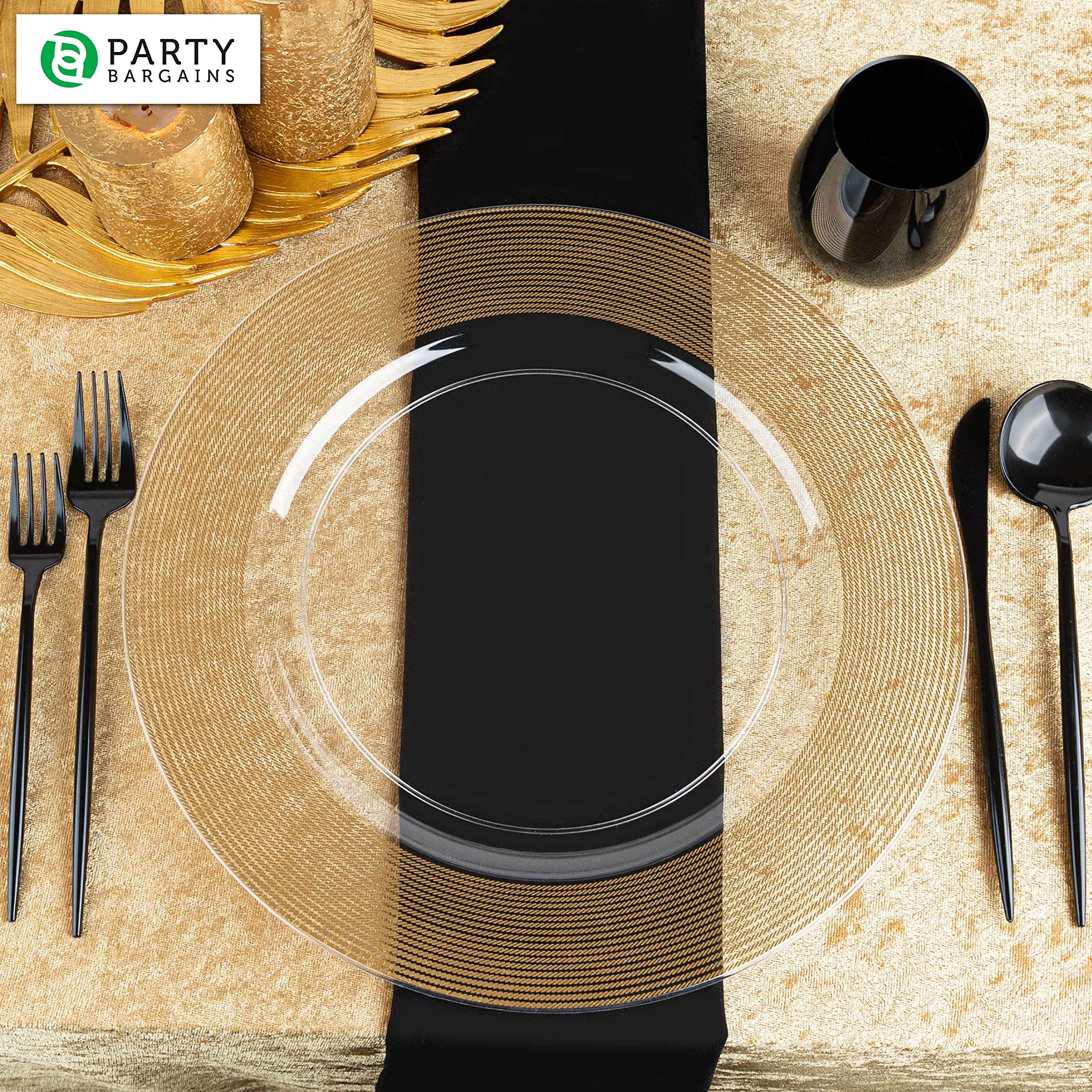 PARTY BARGAINS 13-Inch Charger Plates - 96 Pack, Clear Gold Rim, Heavy-Duty Disposable Chargers for Elegant Dining - Ideal for Weddings and Formal Events