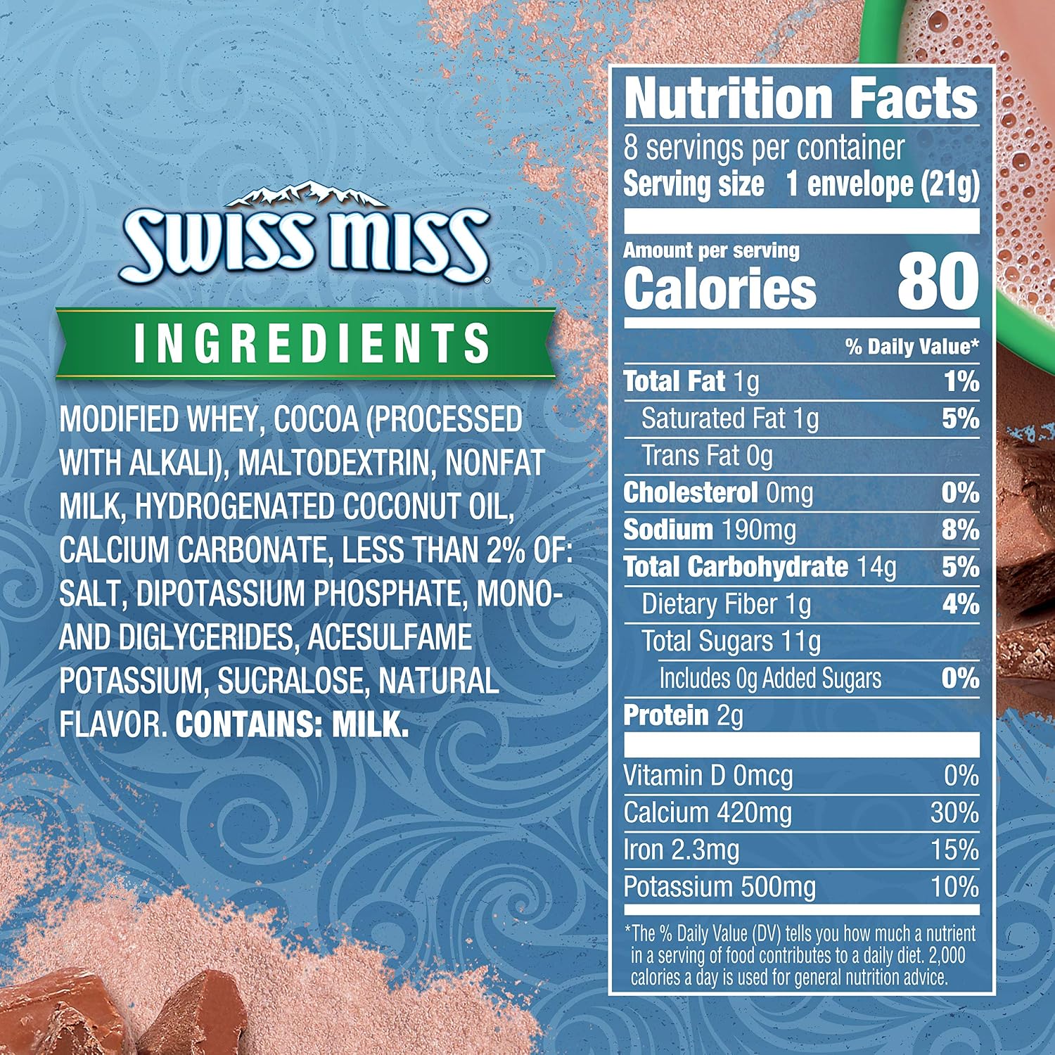 Swiss Miss Milk Chocolate Flavored No Sugar Added Hot Cocoa Mix, Hot Cocoa Bar Supplies, Powder, 0.73 oz., 8-Count Envelopes (12 Boxes)
