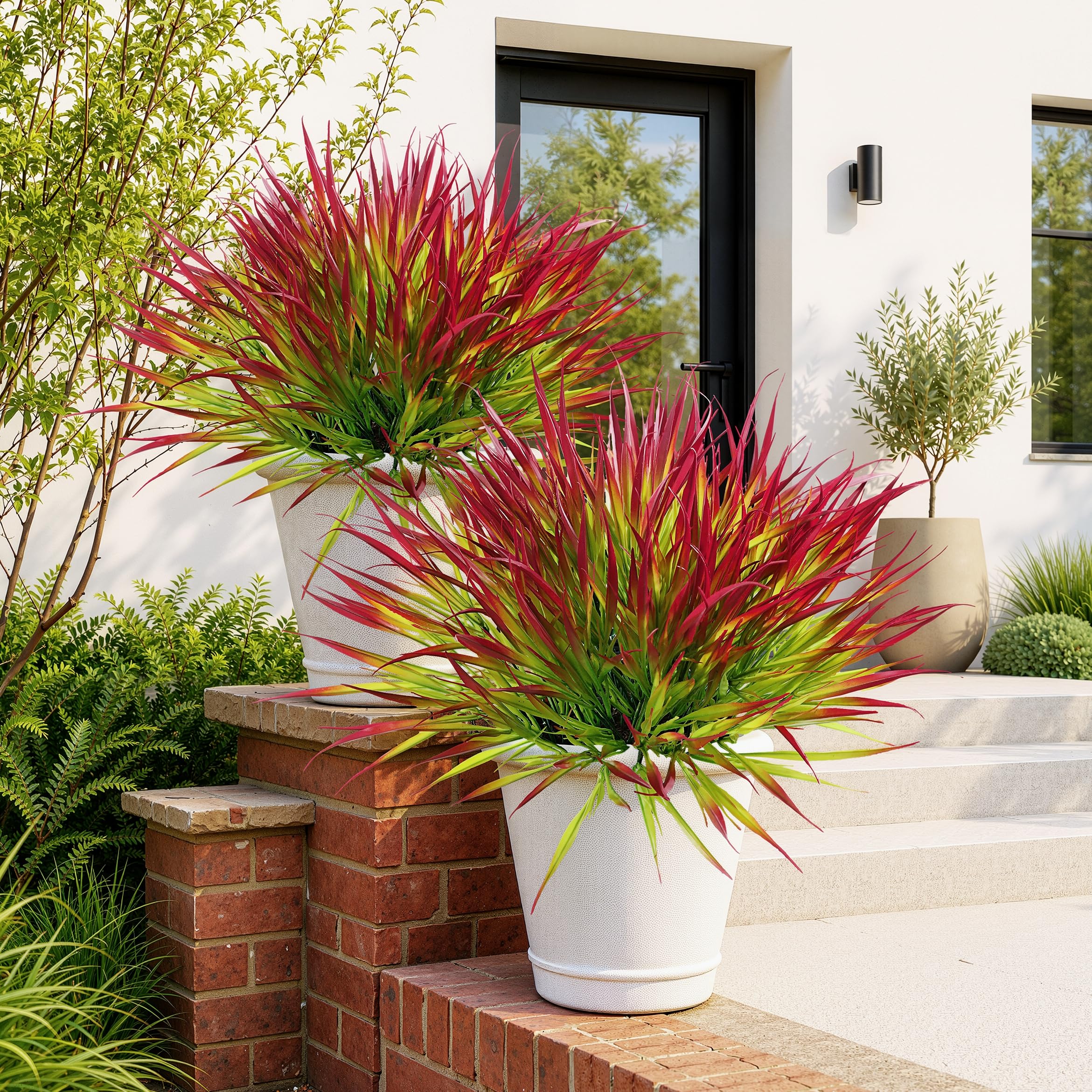 Uieke 28 Bundles Artificial Outdoor Plants UV Resistant Fake Grass Plants Faux Plastic Plants Greenery Shrubs for Home Garden Pathway Window Box Front Porch Cemetery Fall Decor, Autumn Red