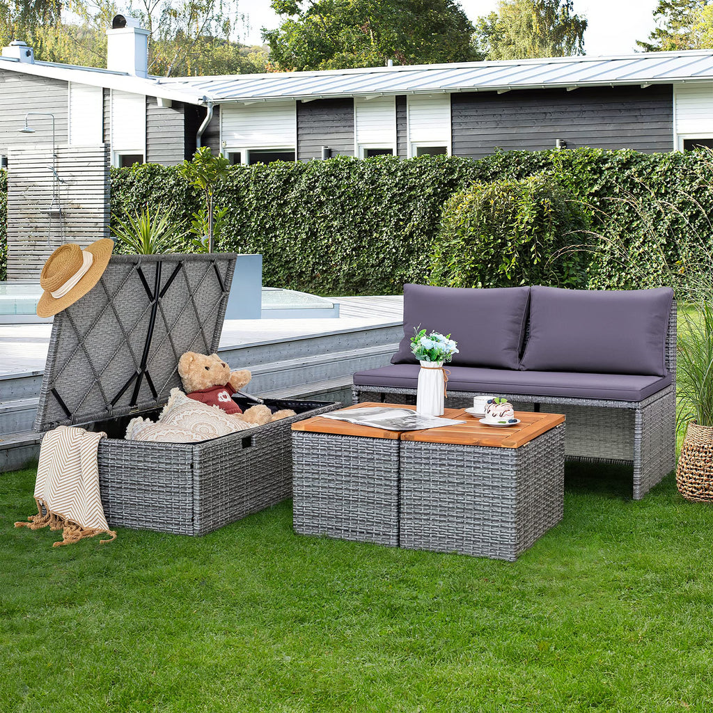 Devoko Outdoor Daybed Set Multifunctional Patio Day Bed Rattan Lounge Bed with 2 Side Tables for Backyard Porch Poolside Lawn Beach (Beige White)