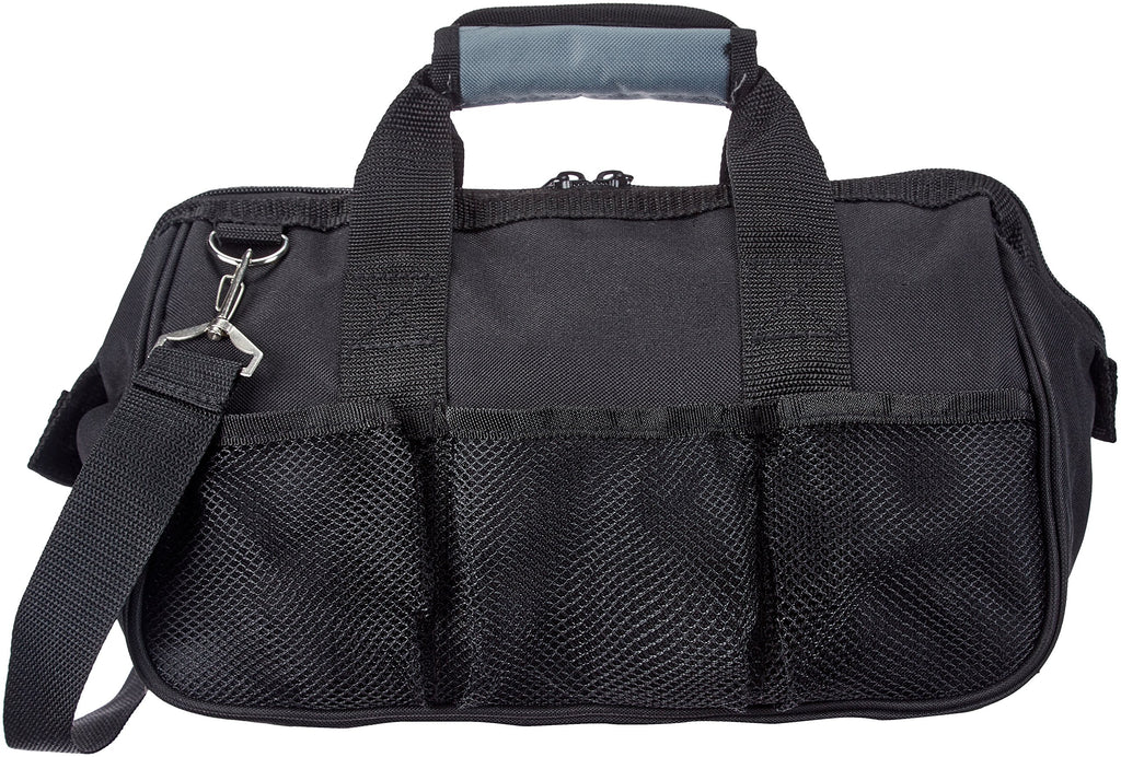 Amazon Basics Durable Wear-Resistant Tool Storage Bag with Adjustable Shoulder Strap, Portable Tool Organizer, 16 Pockets, 12 in, Black & Gray