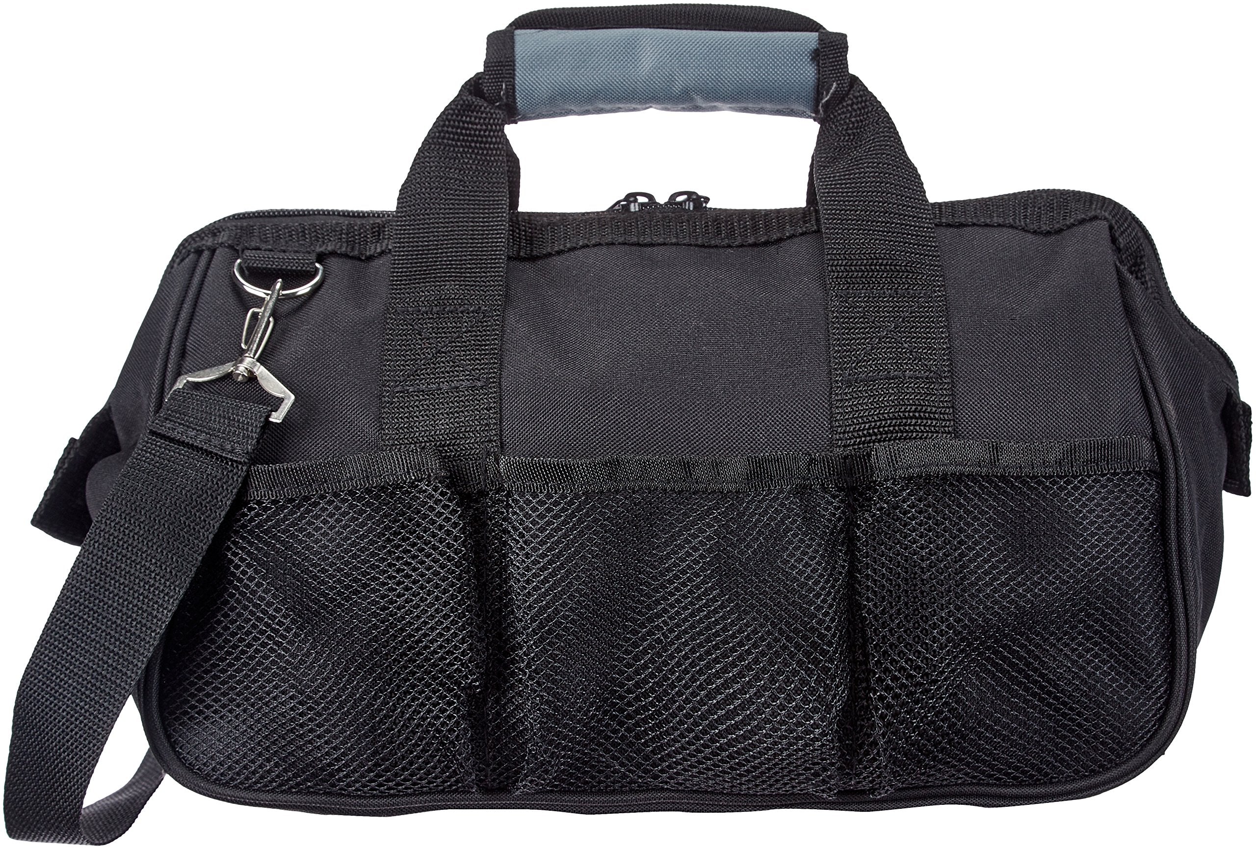 Amazon Basics Durable Wear-Resistant Tool Storage Bag with Adjustable Shoulder Strap, Portable Tool Organizer, 16 Pockets, 12 in, Black & Gray
