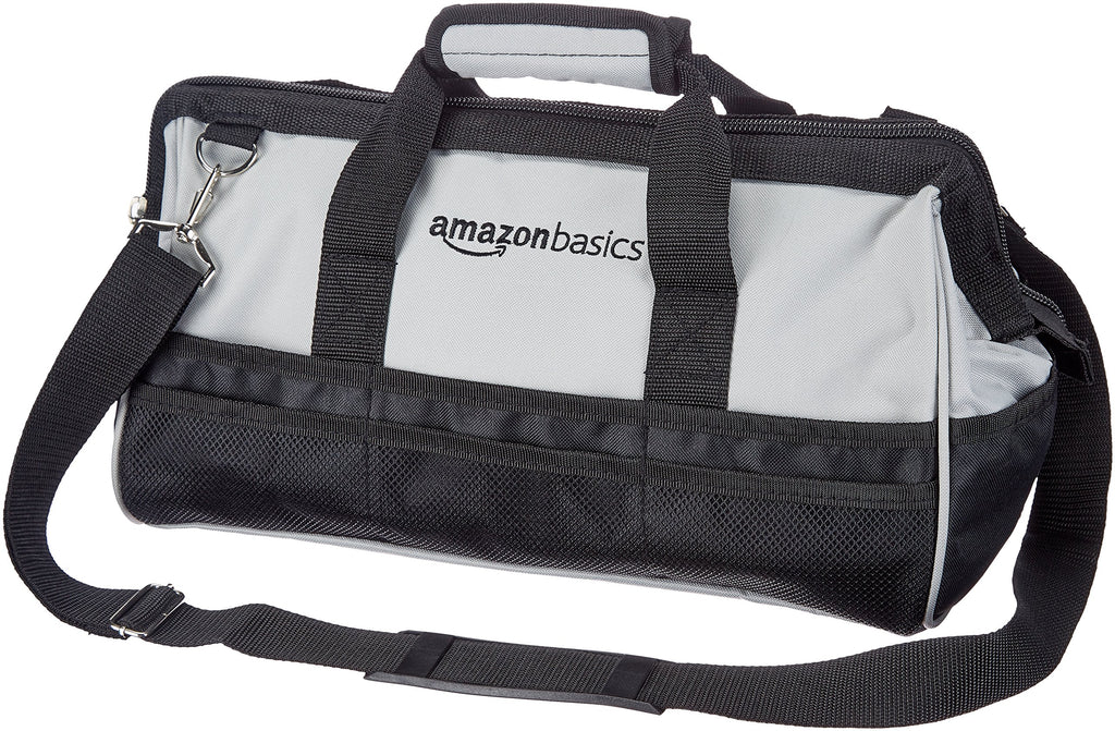 Amazon Basics Durable Wear-Resistant Tool Storage Bag with Adjustable Shoulder Strap, Portable Tool Organizer, 16 Pockets, 12 in, Black & Gray